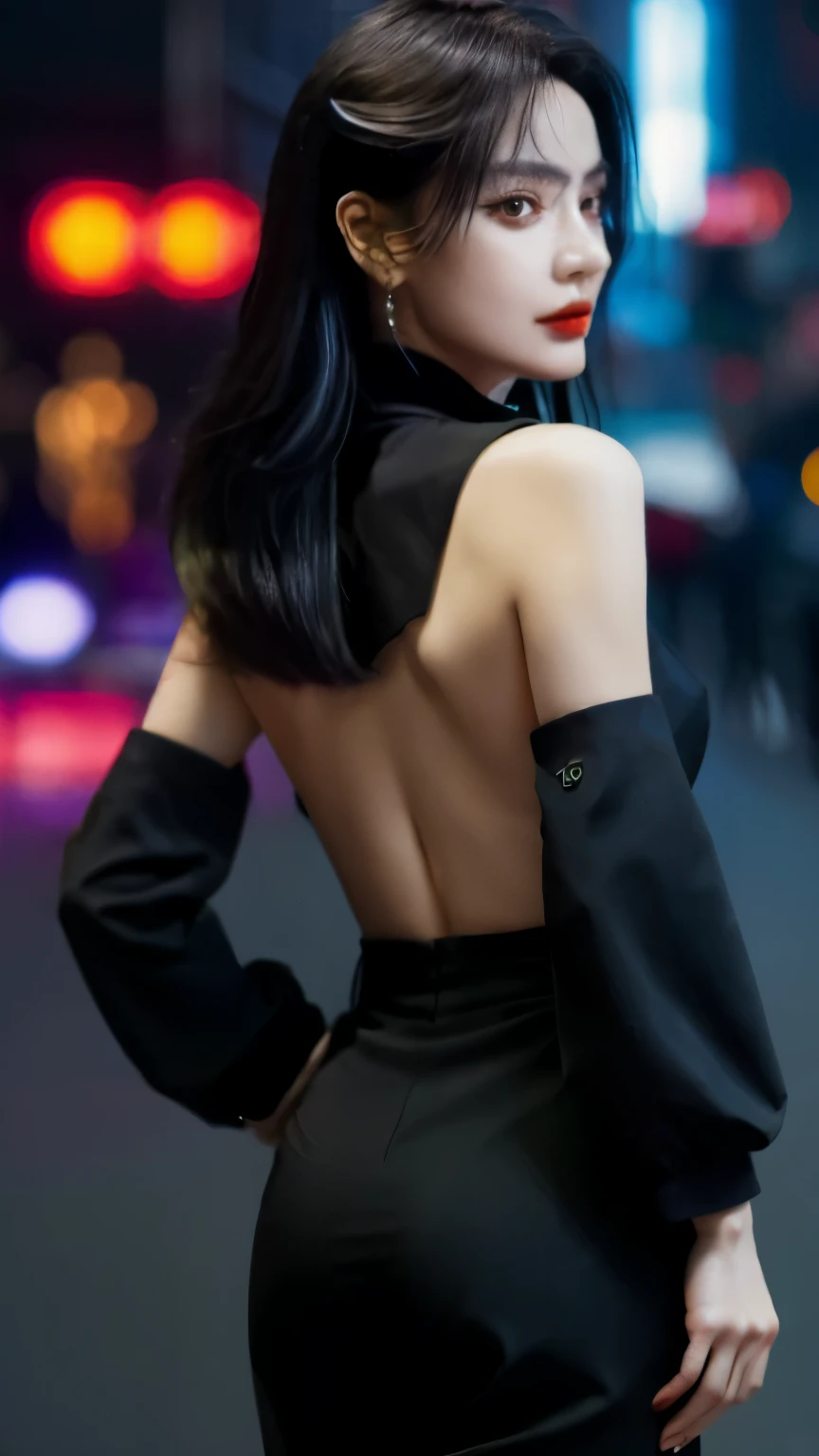 highest quality,masterpiece,8K, Beautiful woman,(Topless),spider tattoo on back,Black slacks,female mafia,cyberpunk city,night,looking back at me