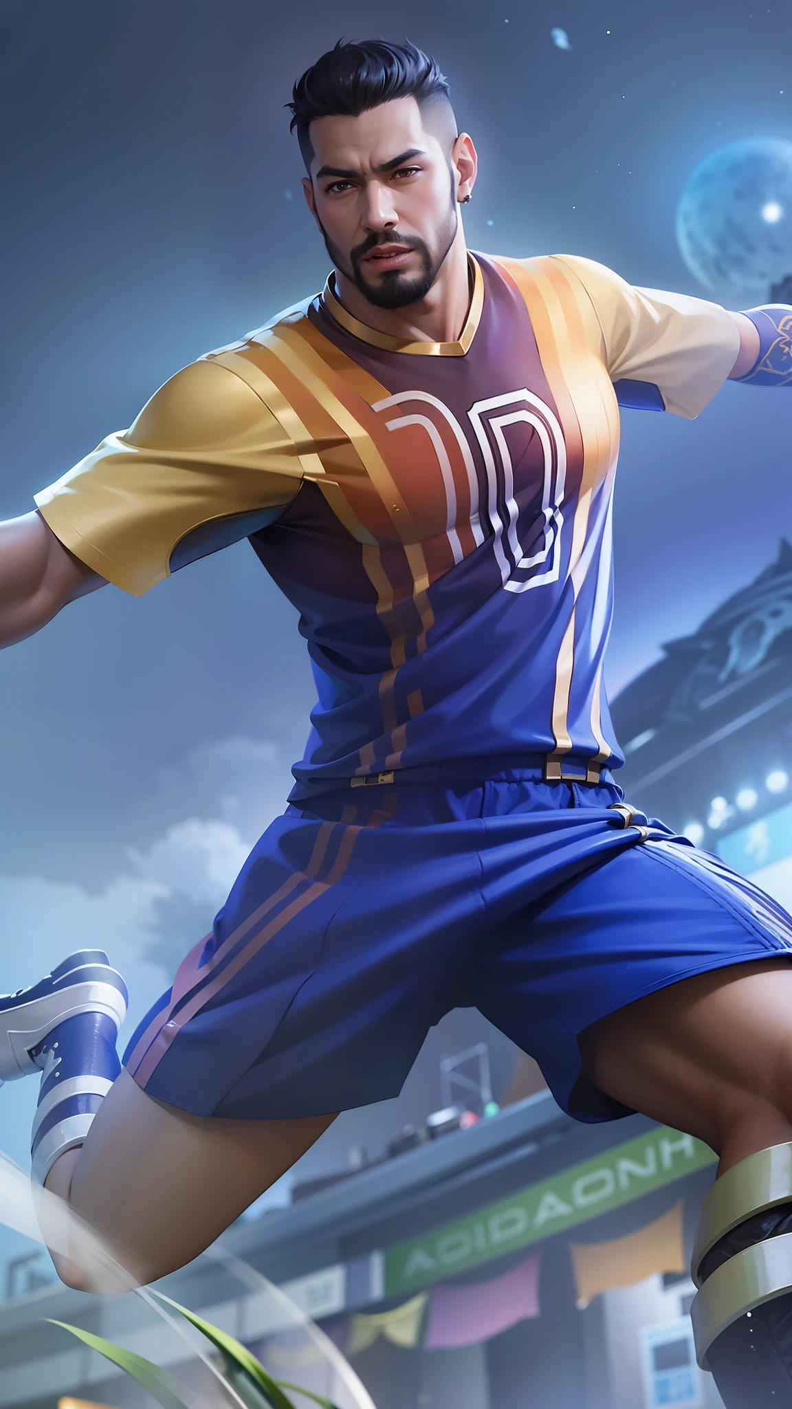 Masterpiece, ultra HD, detailed all picture, a close up of a devil, bruno from mobile legend, evil, extremely detailed artgerm, mobile legends character, inspired by bruno, Six pack chest and abs, yellow jewel above the chest.