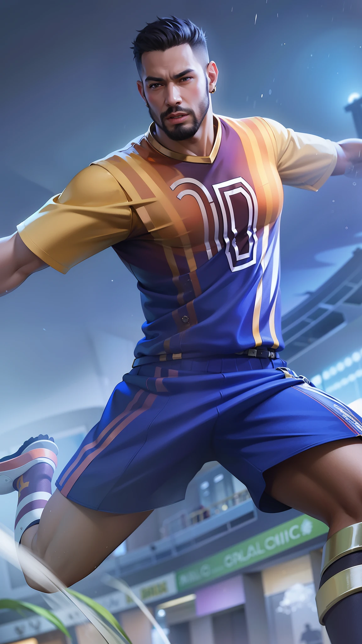 Masterpiece, ultra HD, detailed all picture, a close up of a devil, bruno from mobile legend, evil, extremely detailed artgerm, mobile legends character, inspired by bruno, Six pack chest and abs, yellow jewel above the chest.