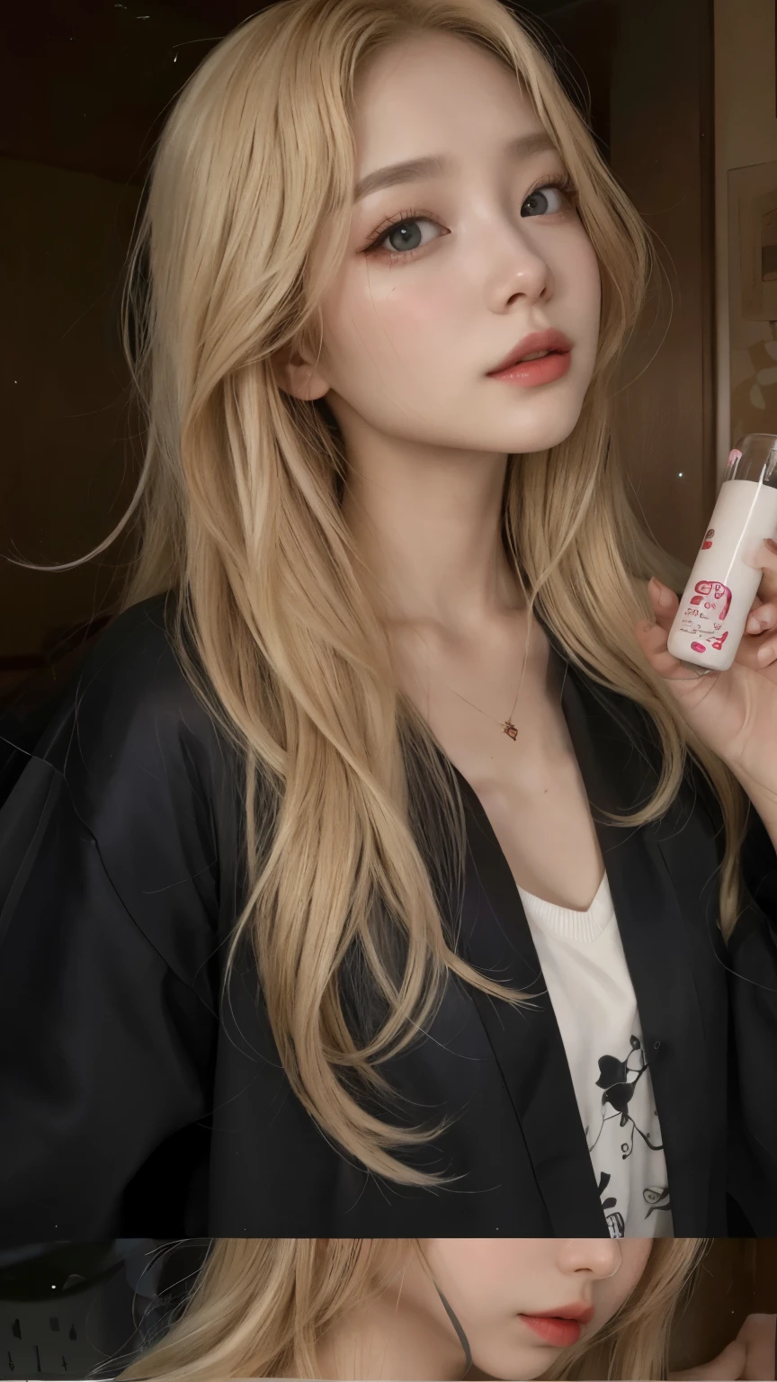 there is a woman with long blonde hair holding a bottle of lipstick, com longos cabelos loiros, maquiagem sul-coreana popular, obras de arte no estilo de guweiz, Ulzzang, garota anime loira com cabelo comprido, cabelo loiro extremamente claro, uma garota com cabelo loiro, maquiagem coreana popular, inspirado em Russell Dongjun Lu, Retrato realista kawaii, cabelo loiro claro longo e luxuoso