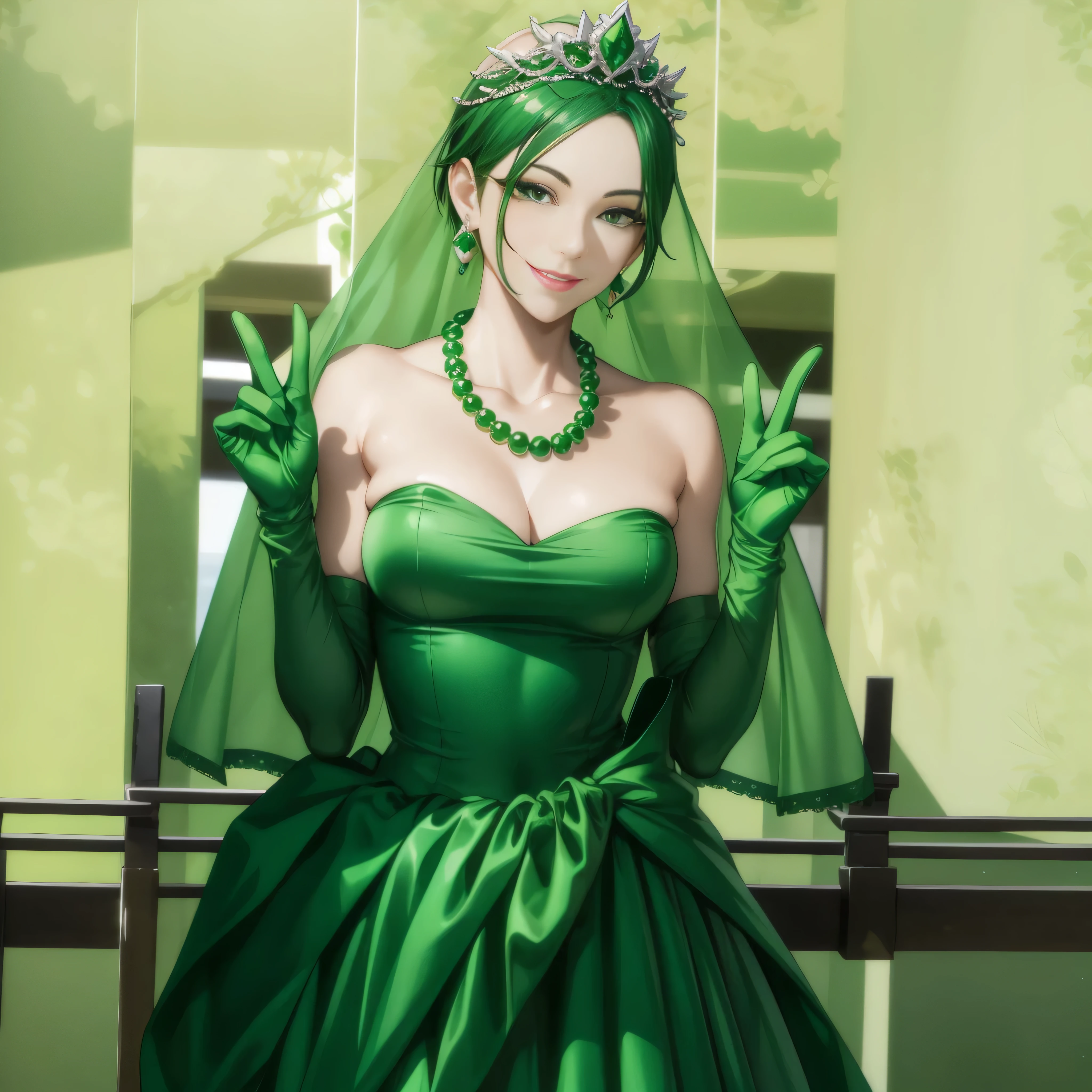 emerald tiara, green pearl necklace, boyish very short green hair, lipstick, smiling Japanese woman, very short hair, big breasts beautiful, green eyes, Long Green Satin Gloves, green eyes, V sign, emerald earrings, green veil
