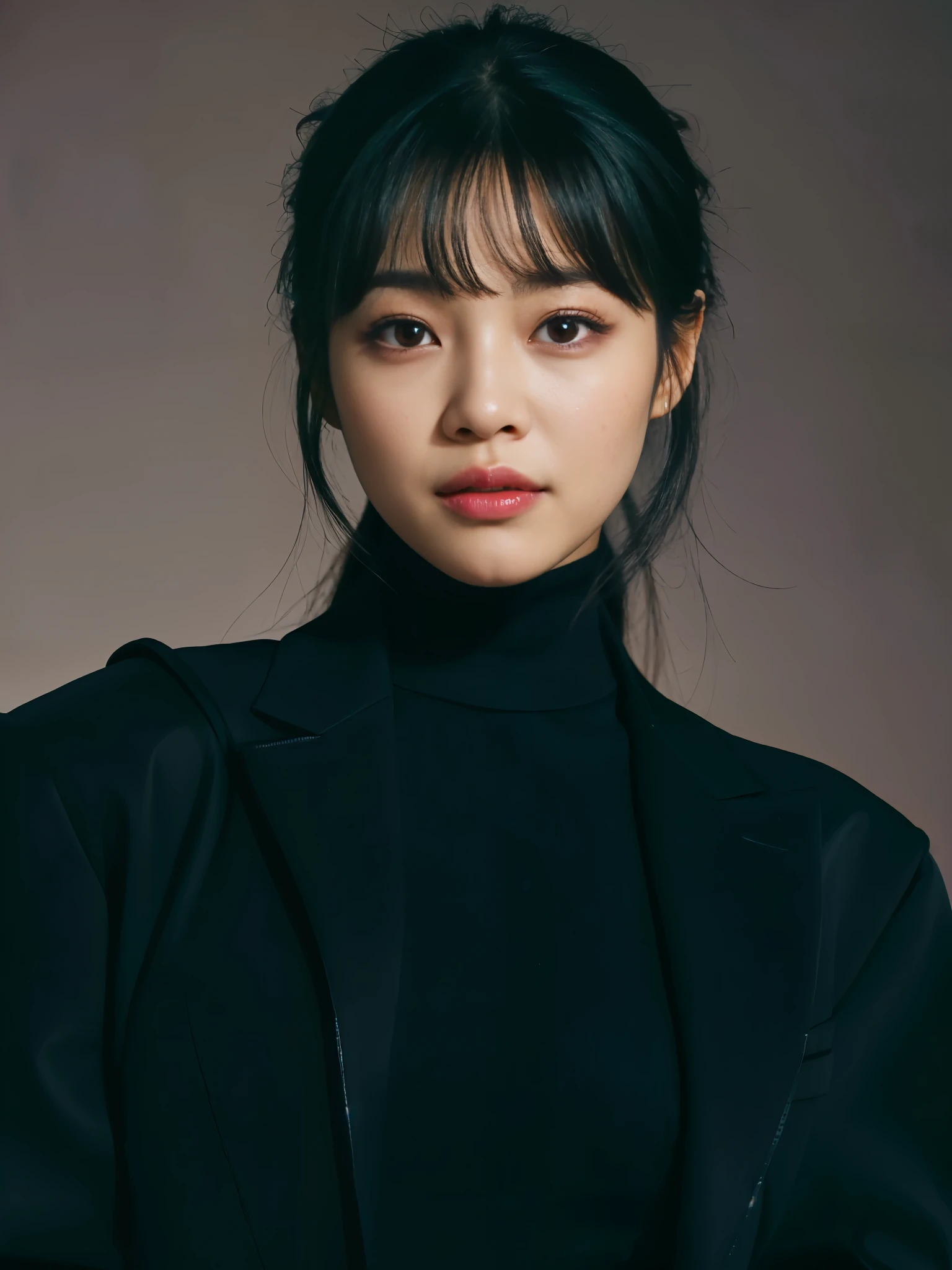 a woman with a black top and a black jacket, park ji-min, lee ji-eun, lee ji - eun, heonhwa choe, seseon yoon, portrait of jossi of blackpink, blackpink jennie, lalisa manobal, jaeyeon nam, iu lee ji-eun as a super villain, gongbi, shin min jeong, realistic, high cuality, blackpink Jennie