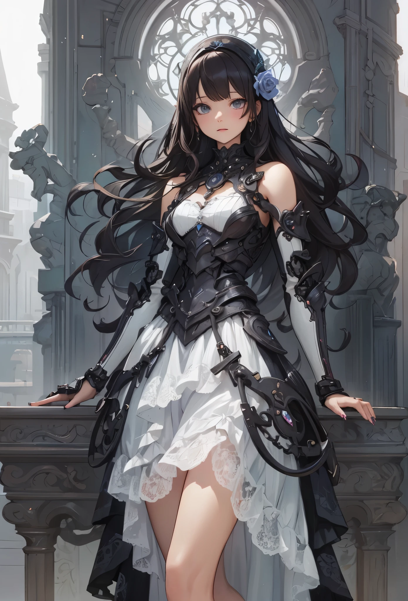 ((Highly accurate drawing in every detail)Extremely precise depiction)[High resolution],(detailed illustrations,とてもfineで緻密な描画,Delicate drawn lines with tempo,Realistic texture expression),[color traced main line],[Ruins of a super-ancient civilization],[ANIME] (MACHINEAlice Beauty 16 years old) straight long hair [AUTOMATON],([Black Rose] black dress) (Cyber Alien Armor [Through the material]) [caltrop] Lock [Titanium alloy] [[Through the material]],Cybernetic Gothic Lolita [clear lenticular iris],(intricate and beautiful decoration [Dense detail]),(Fine and beautiful skin expression [transparency]),Precisely drawn eyes[完璧な目のdetailed(Iris drawn in minute detail)(Beautiful eyes like jewels)],[eyes light[Pinpoint lighting for the eyes]],[long and beautiful eyelashes],[precisely drawn hair [美しく艷やかな髪のdetailed]],(完璧な手のdetailed [Beautiful fingers with no damage [beautiful nails]]),(perfect anatomy(perfectly balanced proportions))[[full body portrait]],[[Design built to the highest level]][ideal color coordination(Accurate simulation of light and material interactions)],([Precision Detail](detailed,高fine)),[Visual art that tells a story],((highest quality)fine[[High density drawing]])(4K Quality).