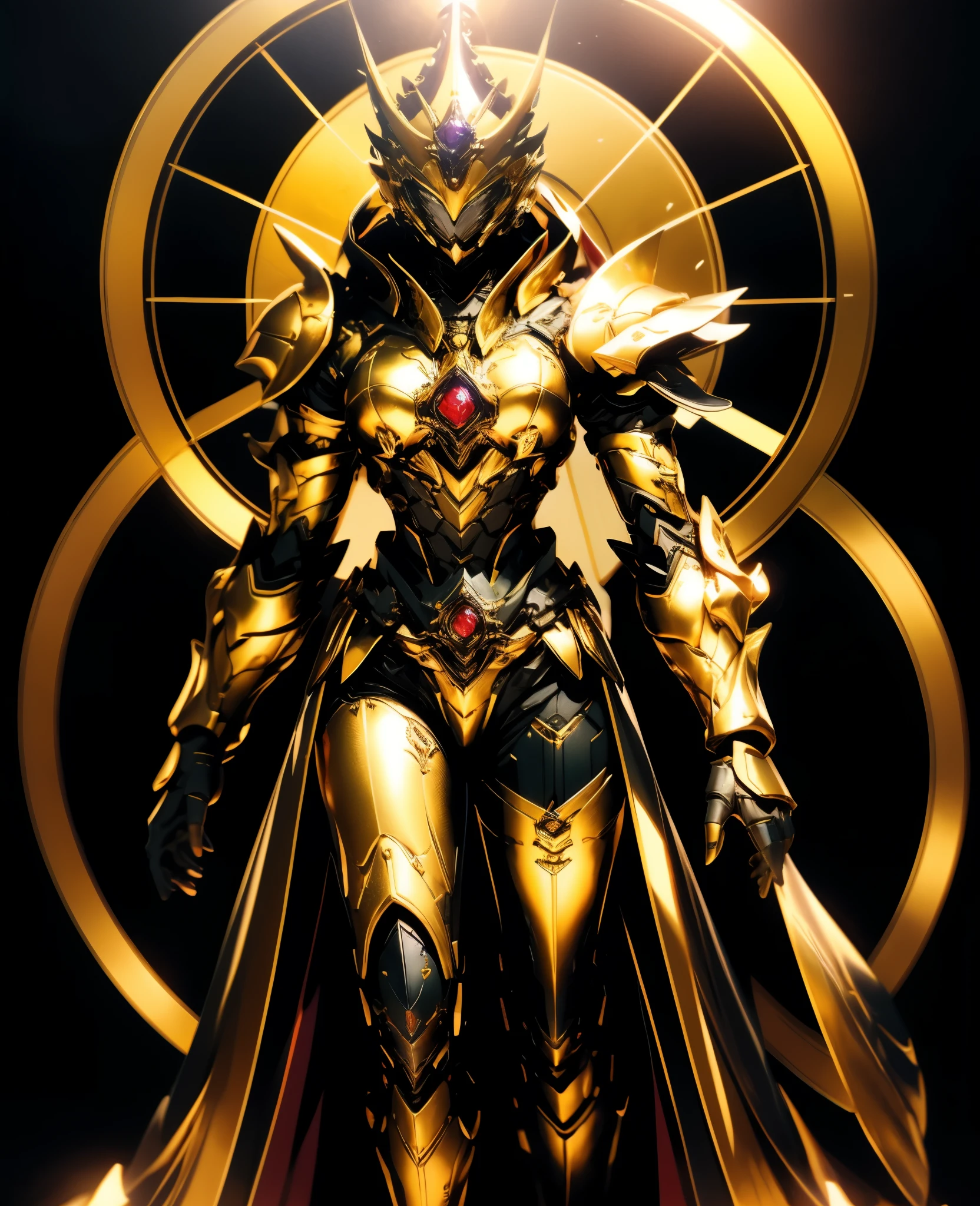 A woman adorned in fantasy-style full-body armor, a crown-concept fully enclosed helmet that unveils only her eyes, a composite layered chest plate, fully encompassing shoulder and hand guards, a lightweight waist armor, form-fitting shin guards, the overall design is heavy-duty yet flexible, the armor gleams with a golden glow, complemented by red and blue accents, exhibiting a noble aura, she floats above a fantasy-surreal high-tech city, this character embodies a finely crafted fantasy-surreal style armored hero in anime style, exquisite and mature manga art style, goddess, femminine, long legs, metallic, elegant, high definition, best quality, highres, ultra-detailed, ultra-fine painting, extremely delicate, professional, anatomically correct, symmetrical face, extremely detailed eyes and face, high quality eyes, creativity, RAW photo, UHD, 32k, Natural light, cinematic lighting, masterpiece-anatomy-perfect, masterpiece:1.5