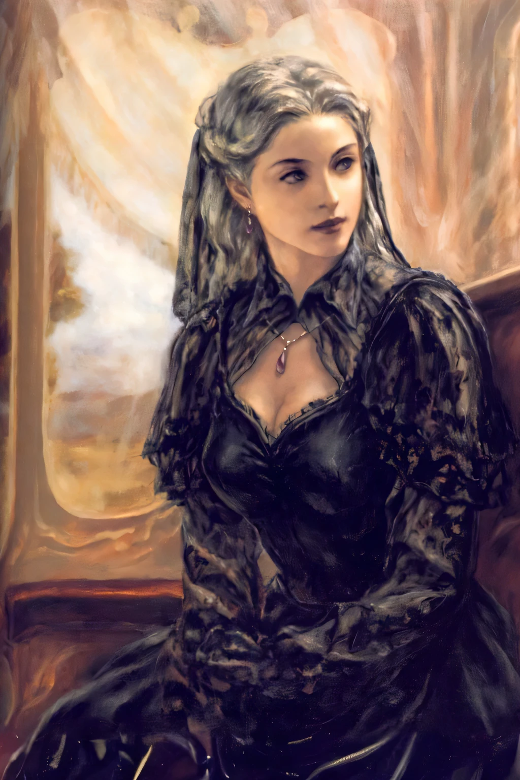 painting of a woman in a black dress sitting on a couch, oil painting of princess vulvine, magali villeneuve', fantasy victorian art, gothic princess portrait, masterpiece! portrait of arwen, an elegant gothic princess, portrait cersei lannister sit, gothic maiden, fantasy genre portrait, in style of anne stokes, portrait of a lady vampire, gothic fantasy art