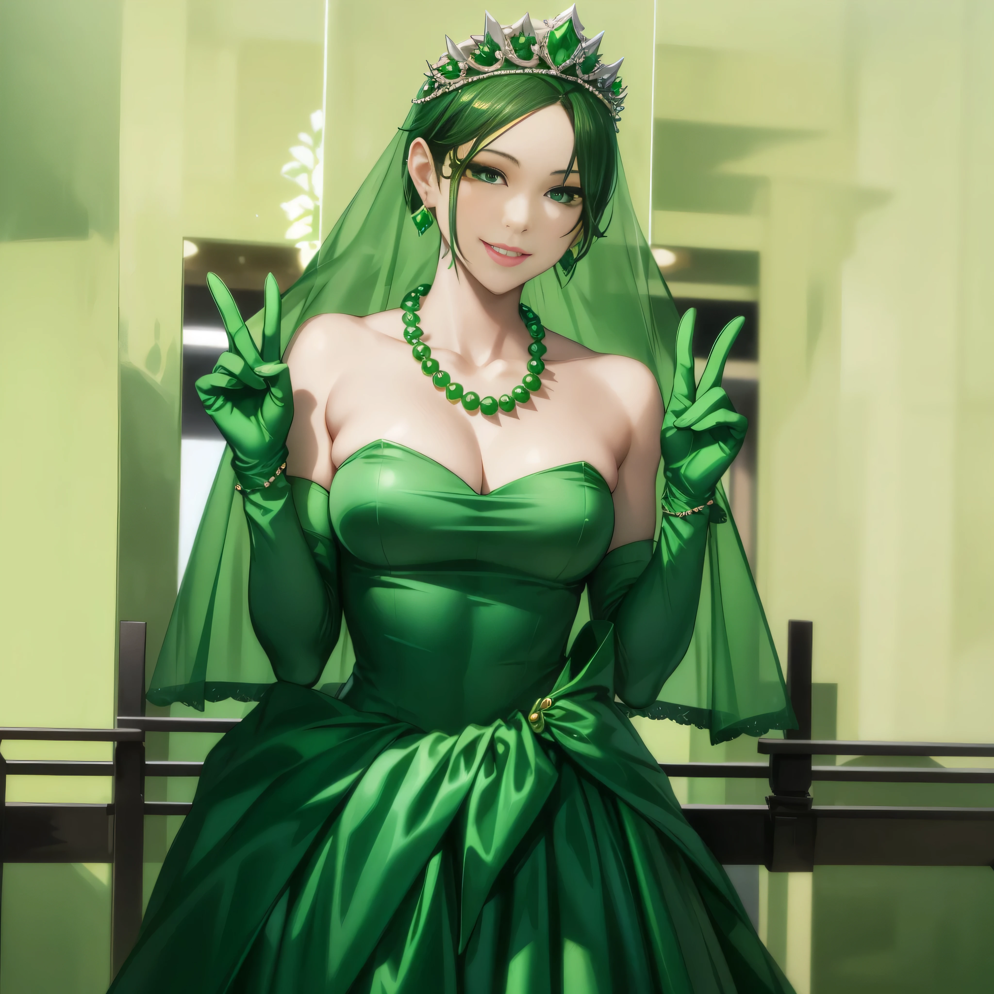emerald tiara, green pearl necklace, boyish very short green hair, lipstick, smiling Japanese woman, very short hair, big breasts beautiful, green eyes, Long Green Satin Gloves, green eyes, V sign, emerald earrings, green veil
