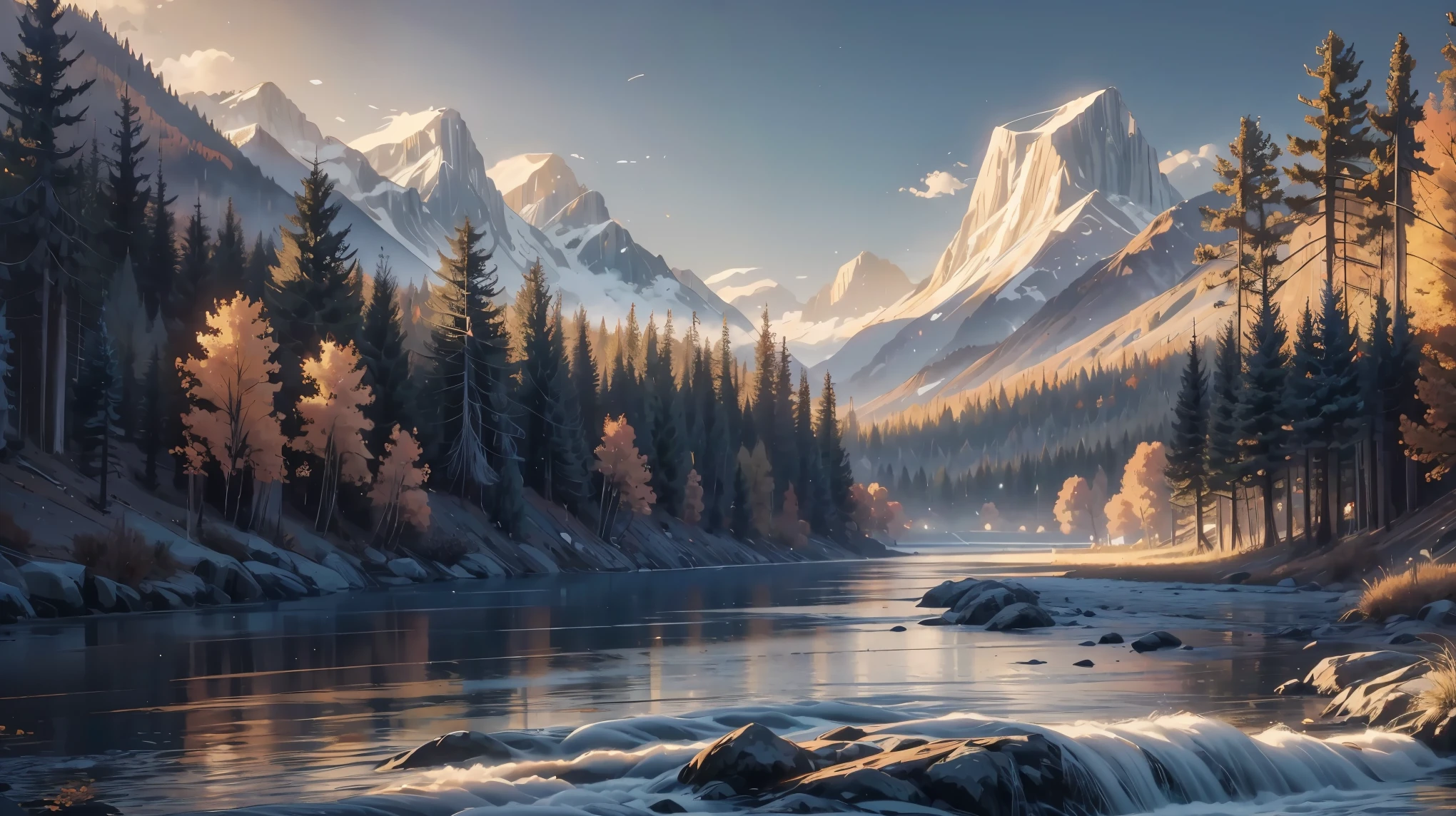 close up, river, mountains, trees, autumn , leaves scattered around , windy , blue flowers,sky clouds , sunrise, vivid colors, vibrant colors
