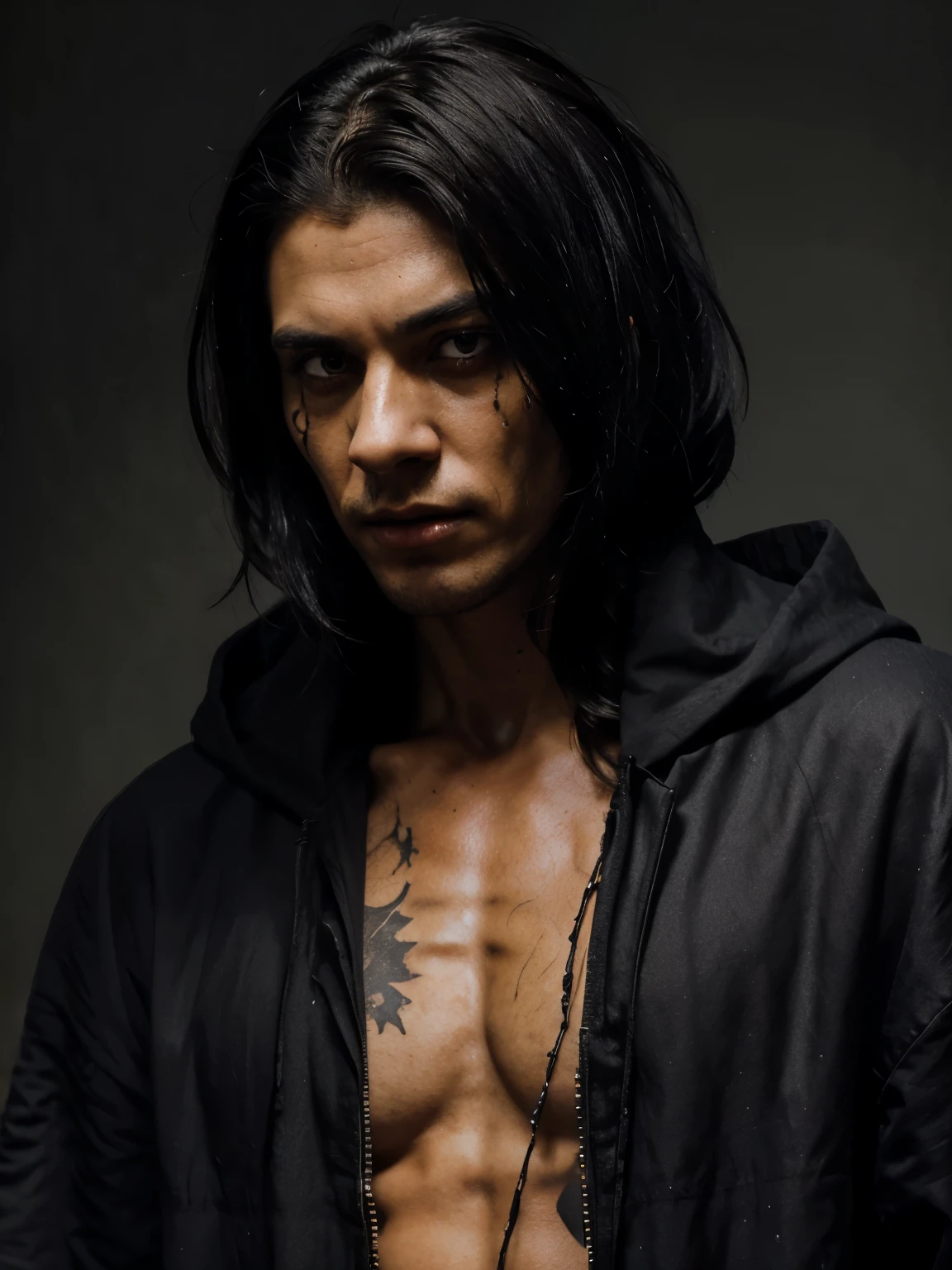 Close up potrait a man, scar in face, waist up, 165cm height, black aura, scary, dirty, beggar, black hair, yellowish pupils, hunched posture, penetrating and evil, torn clothes,(hoddy) cloak of raven feathers on the back, body covered with bands and hood, fog, horror, fear, frightening, suspense, mysterious,