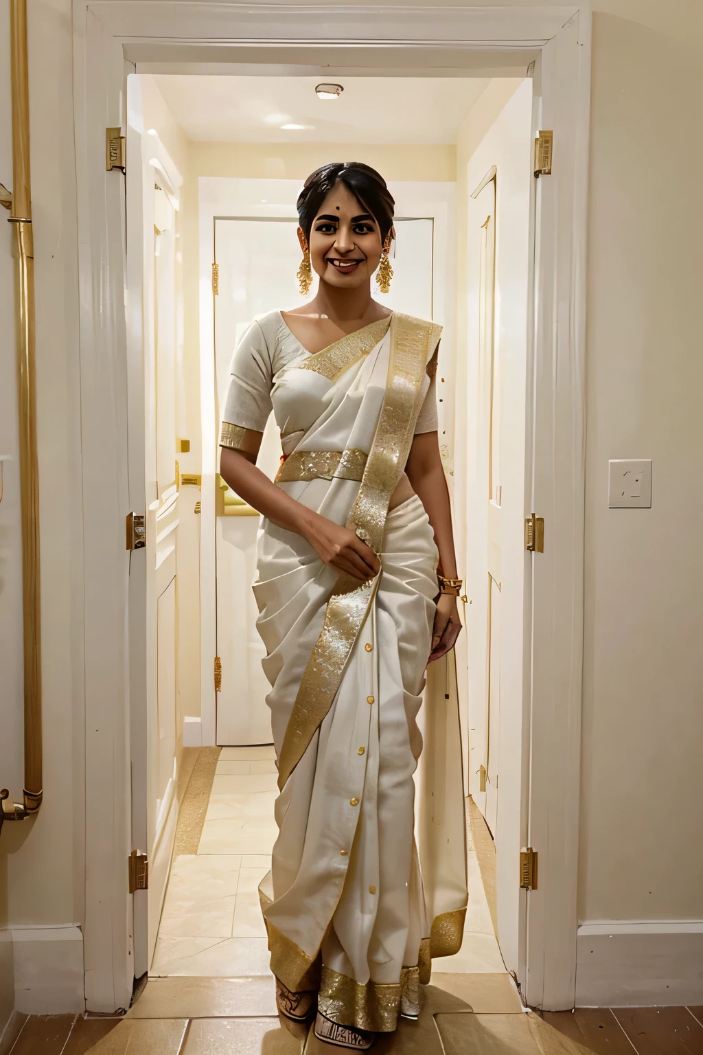 smiling woman in a white sari standing in a doorway, a pastel inspired by Puru, reddit contest winner, samikshavad, dressed in a sari, wearing a sari, wearing sari, wearing white silk, dressed in a beautiful white, white and gold, wearing a steampunk sari, sari, traditional beauty, white with gold accents, india, a beautiful woman in white