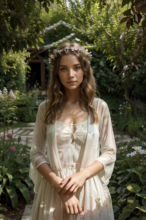 Une jeune femme dans un jardin secret, entourée d'une flore luxuriante et de papillons multicolores. La lumière filtrée crée une atmosphère sereine et apaisante. Le style de l'image est inspiré de la peinture à l'aquarelle