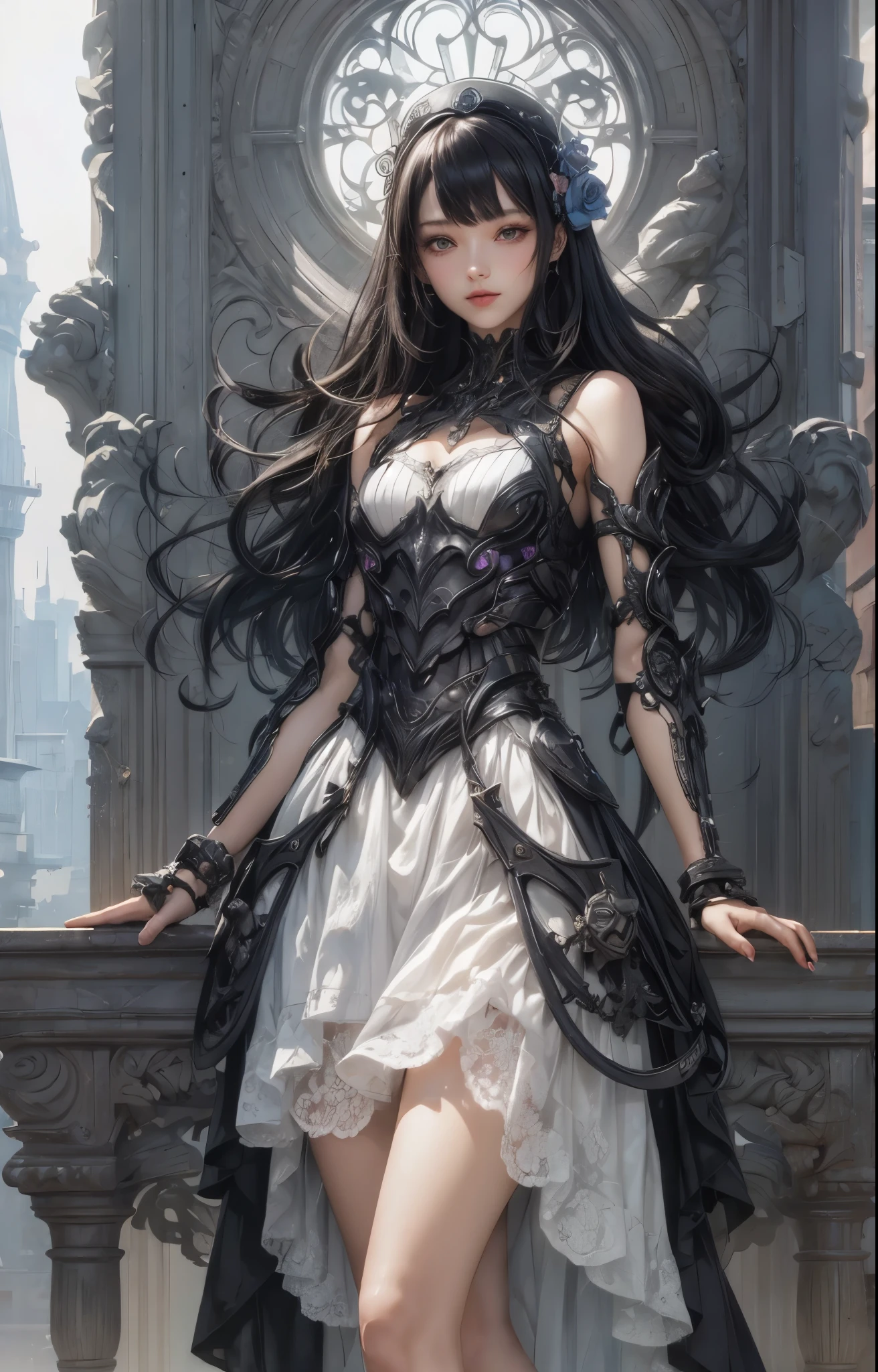((Highly accurate drawing in every detail)Extremely precise depiction)[High resolution],(detailed illustrations,とてもfineで緻密な描画,Delicate drawn lines with tempo,Realistic texture expression),[color traced main line],[Ruins of a super-ancient civilization],[ANIME] (MACHINEAlice Beauty 16 years old) straight long hair [AUTOMATON],([Black Rose] black dress) (Cyber Alien Armor [Through the material]) [caltrop] Lock [Titanium alloy] [[Through the material]],Cybernetic Gothic Lolita [clear lenticular iris],(intricate and beautiful decoration [Dense detail]),(Fine and beautiful skin expression [transparency]),Precisely drawn eyes[完璧な目のdetailed(Iris drawn in minute detail)(Beautiful eyes like jewels)],[eyes light[Pinpoint lighting for the eyes]],[long and beautiful eyelashes],[precisely drawn hair [美しく艷やかな髪のdetailed]],(完璧な手のdetailed [Beautiful fingers with no damage [beautiful nails]]),(perfect anatomy(perfectly balanced proportions))[[full body portrait]],[[Design built to the highest level]][ideal color coordination(Accurate simulation of light and material interactions)],([Precision Detail](detailed,高fine)),[Visual art that tells a story],((highest quality)fine[[High density drawing]])(4K Quality).