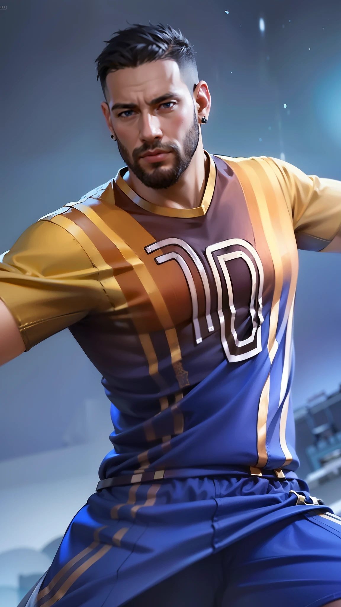 masculine male, masterpiece, ((perfect eyes)) best quality, (semirealism:1.9), beautiful lighting, (extremely detailed CG unity 4k fhd wallpaper), High Detail, Sharp focus, dramatic outdoors, 1 boy ,30 years old, brown short hair, blue eyes.