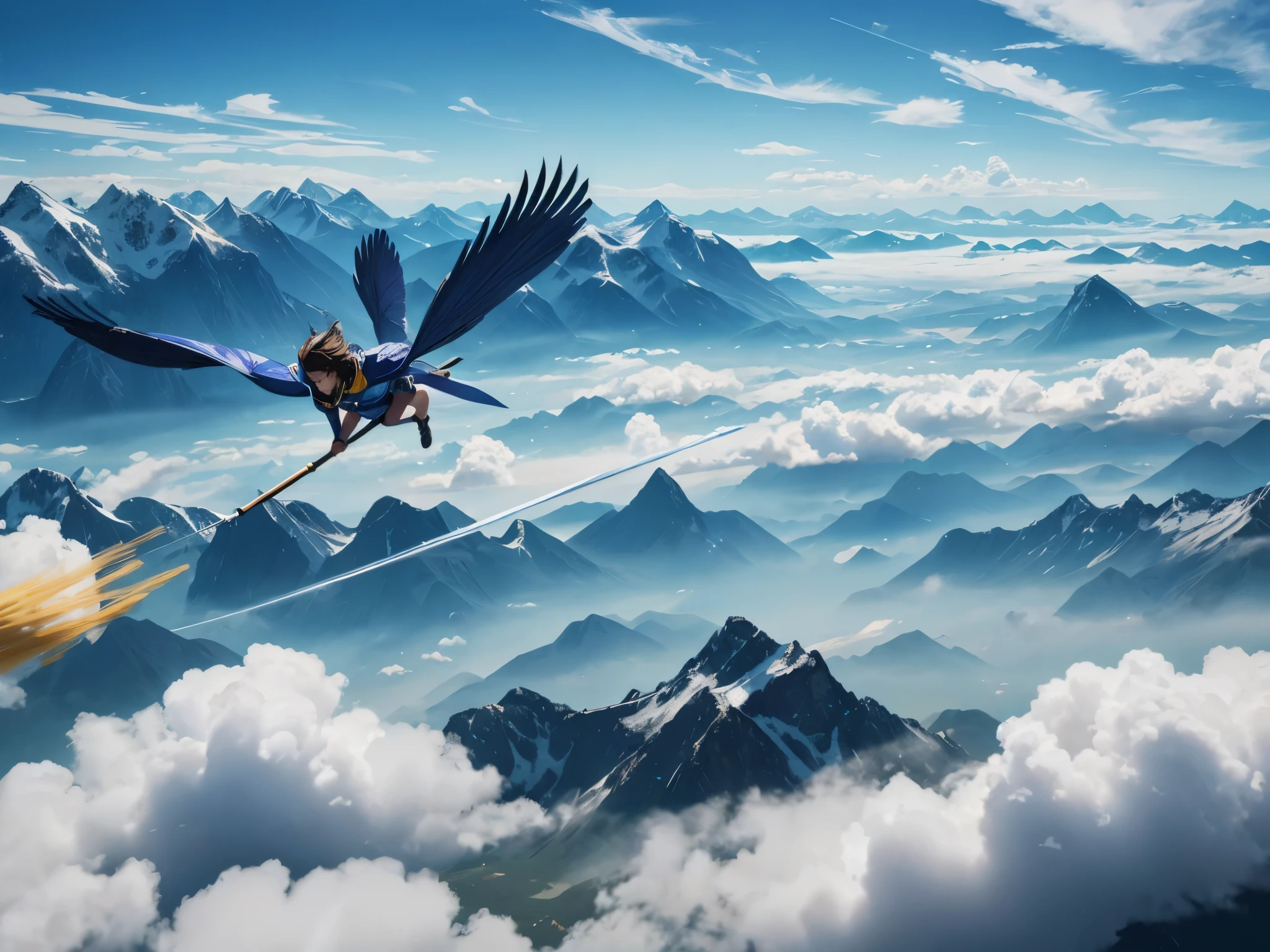 On a bright afternoon, several wizards are racing on flying brooms under the blue sky. They weave through the clouds, fiercely competing and chasing each other. The backdrop of the vast sky and distant mountains conveys a sense of freedom in flight.
