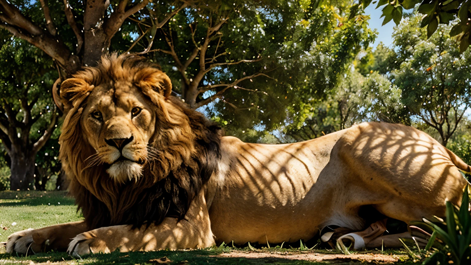 obra maestra, Mejor calidad, muy detallado, illustration,Imposing lion with golden fur, lying under a leafy tree.
