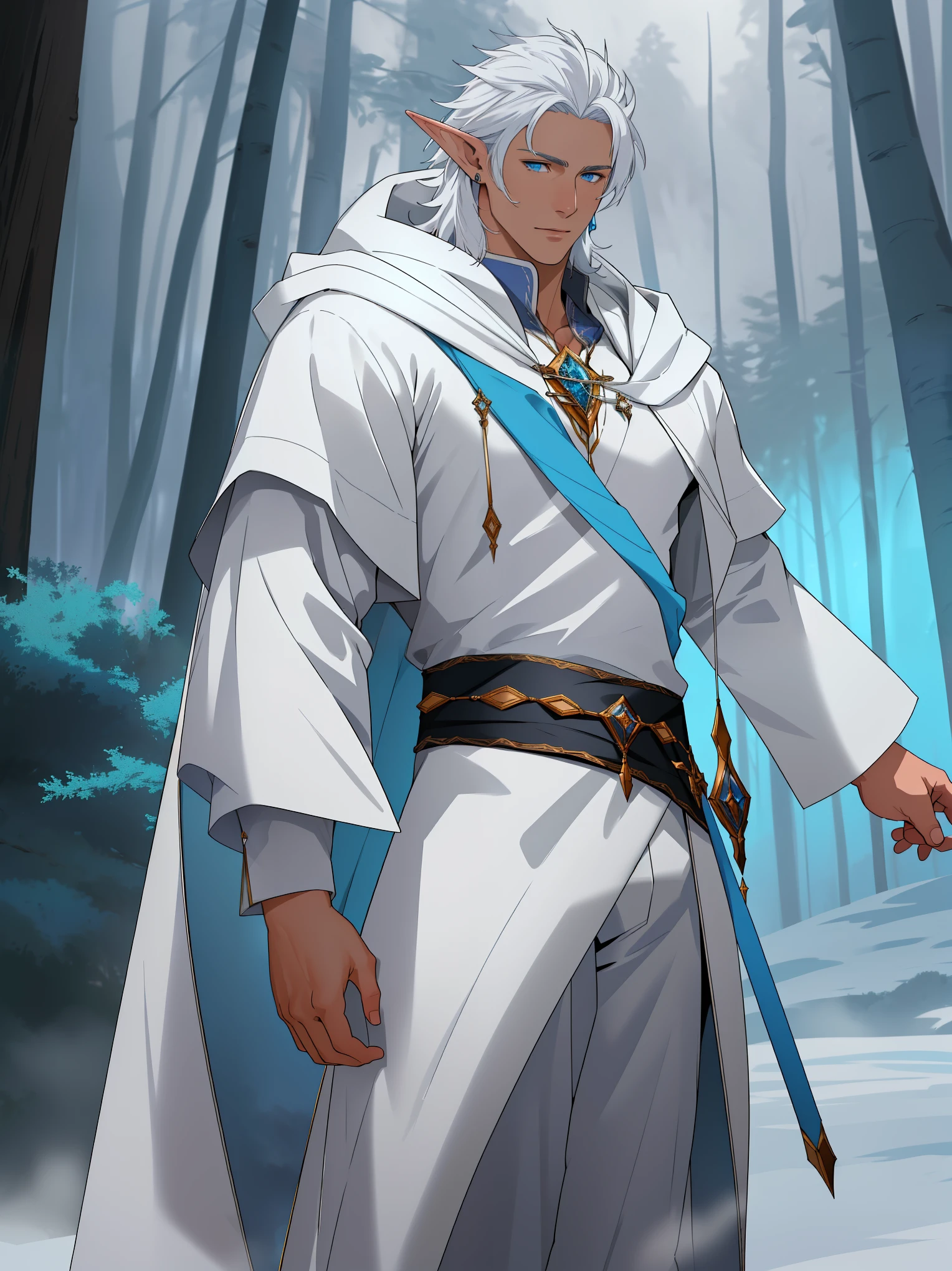 solo, male, (( fair skin, smooth skin)) (regal hair, white hair), abs, chest, glowing light blue eyes, detailed face, detailed clothes, detailed face, detailed eyes, pointed ears, slender body, muscular frame, wearing white cloak, decorative cloak, hooded cloak, hood is down, white trousers, fantasy boots, (fantasy wastelands), (by meesh, masterpiece, high quality, hi-res,8k), standing,close-view portrait, looking at viewer, outdoor, fog, calm expression, cloudy