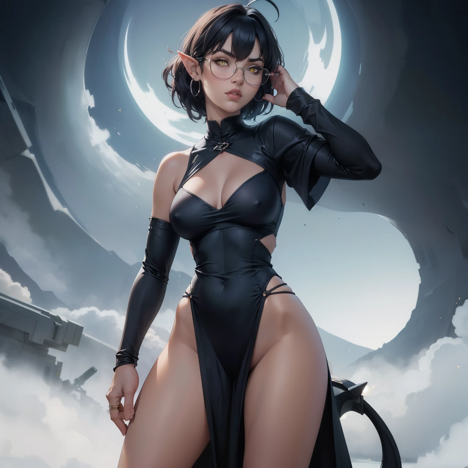 8k, older girl, (short dark blue hair:1.2), yellow eyes, serious, medium breast, rectangular glasses, dutch angle, sashagrey, (ahoge:1.1), dark elf witch, long tight multycolored dress with low-cut, large slit, (pointed ears), nipples trough clothes, simple white background, full body, silver jewelry, hands, slender girl, narrow hips, pelvic_curtain dress, hippiechicks