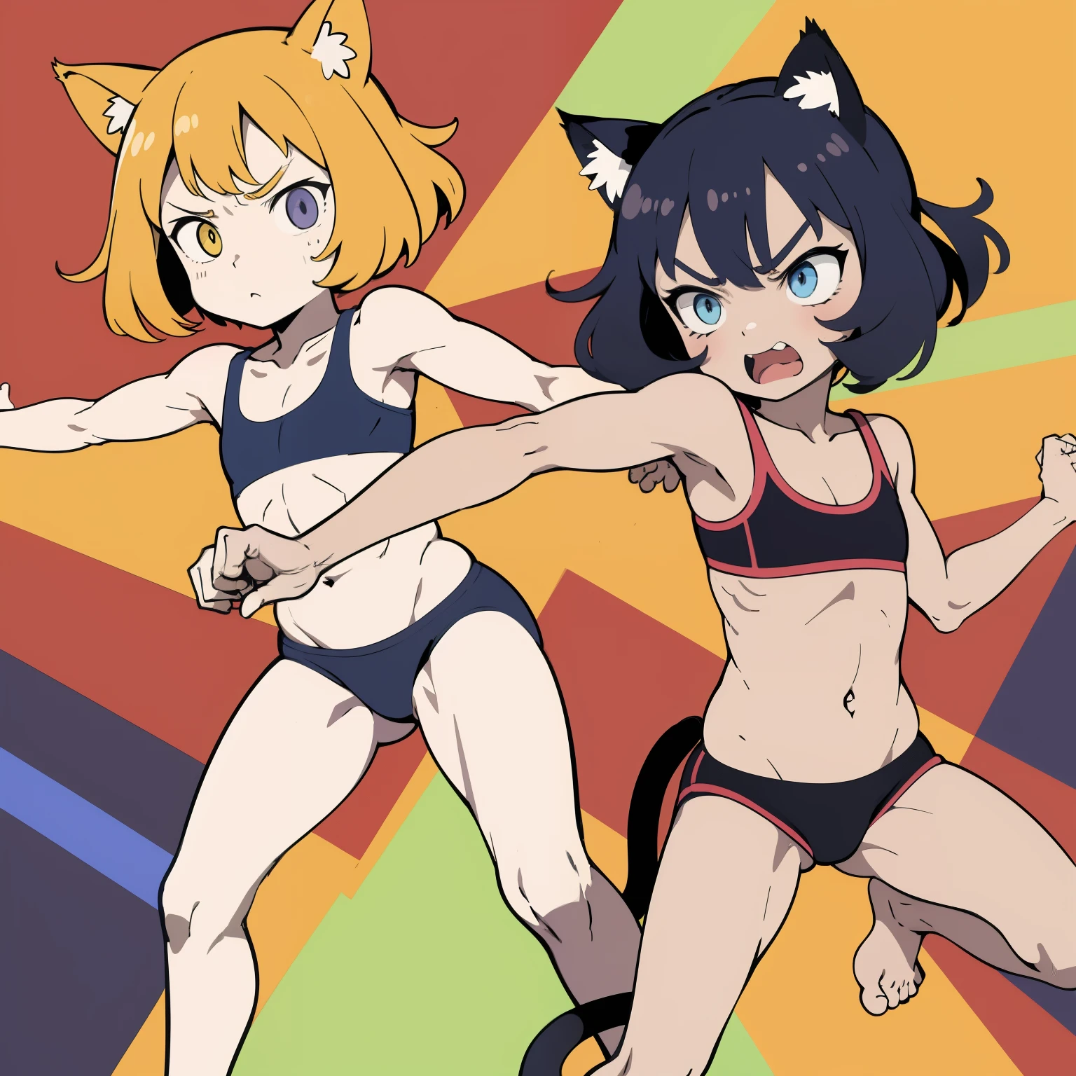 (superflat, flat shading, flat colors), 2girls, , 10yo, lolilat chest, slim, skinny, sports bra, fighting poses, serious, (cat ears), vibrant colors, bright,