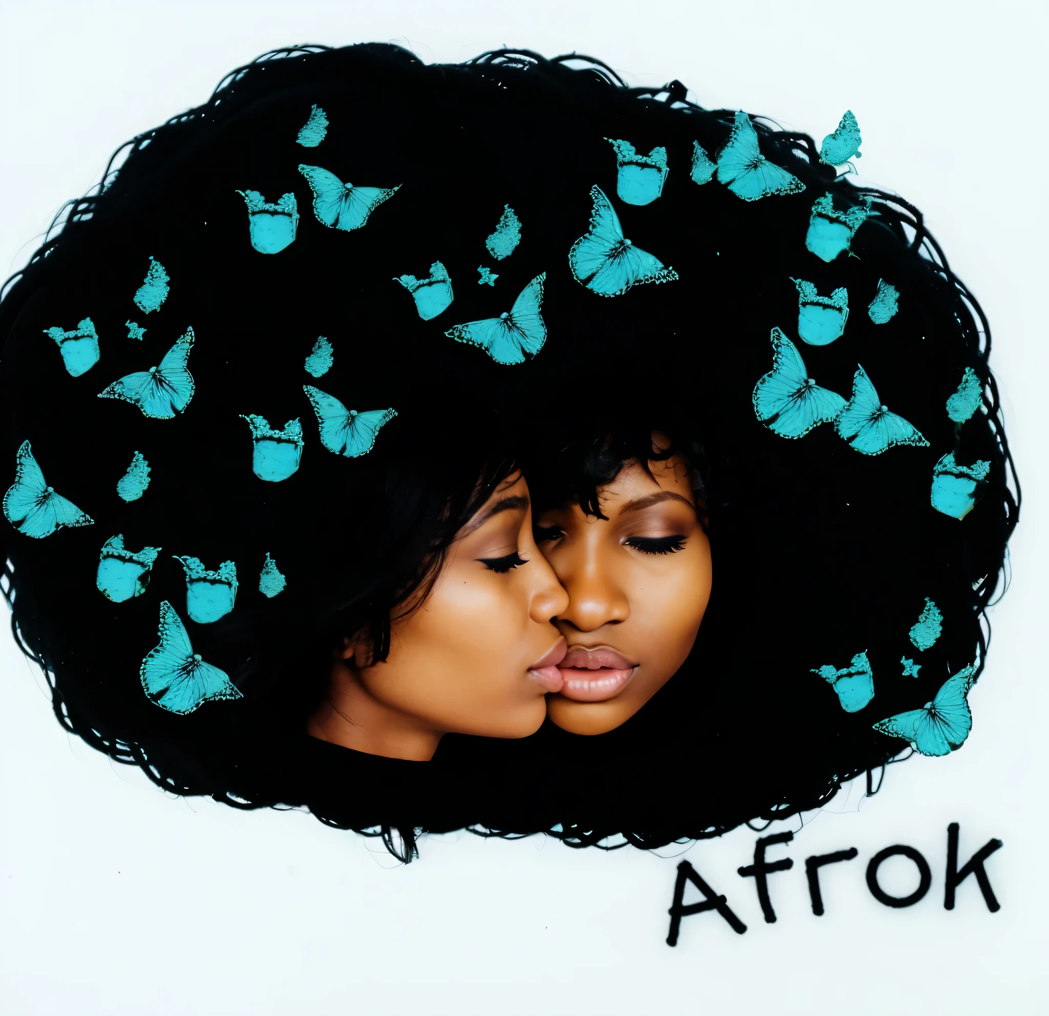 2 african females face next to each other. 1 is sideways and the other facing forward with eyes closed not touching.