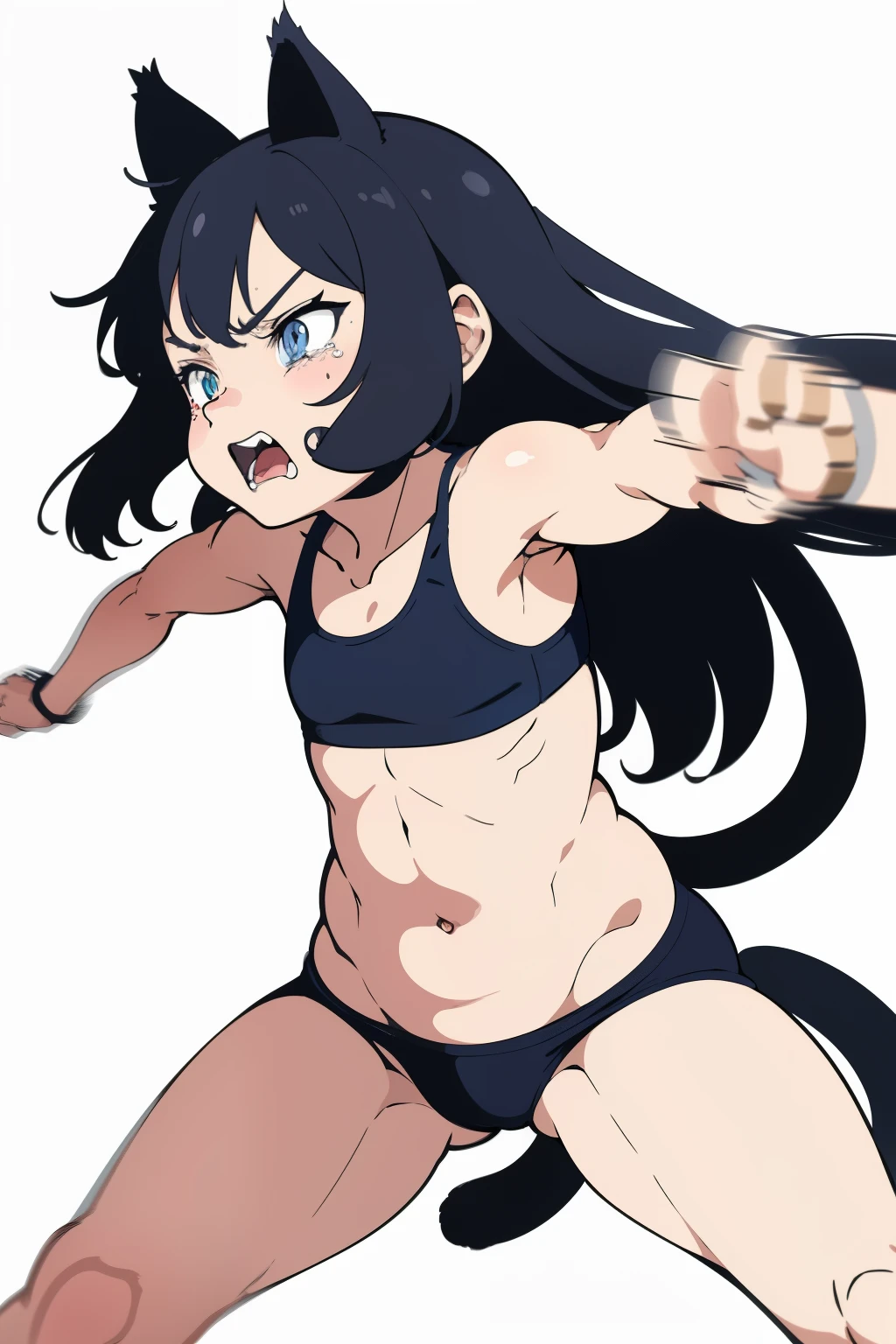 (superflat, flat shading, flat colors), girl, little kid, 10yo, lolis, flat chest, slim, skinny, sports bra, fighting pose, nagry, aggressive, emotional, dynamic pose, motion effect, (cat ears), white background, vibrant colors, bright,