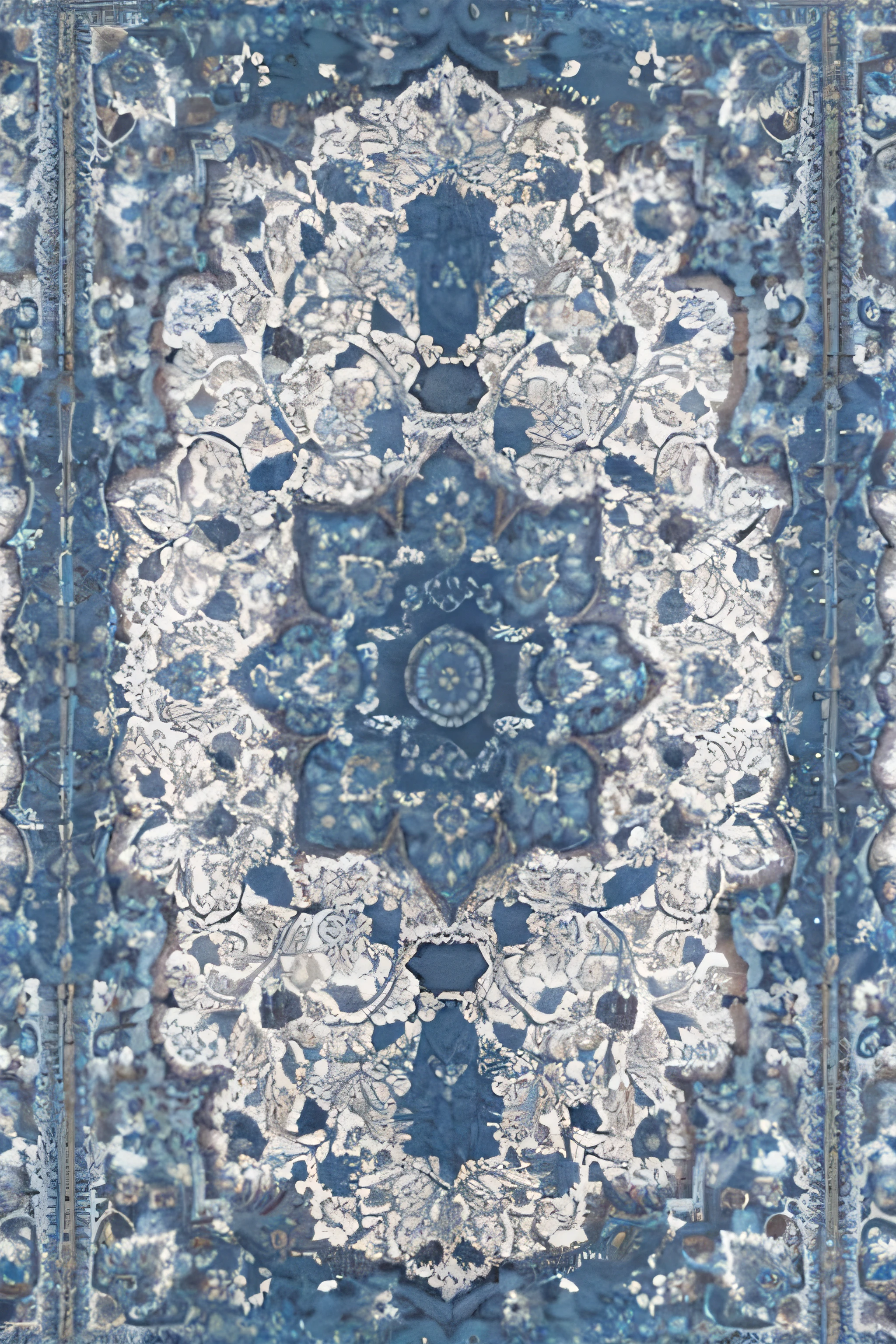 a close up of a blue and white rug with a medallion design, persian design, fractal baroque, oriental carpets, ornate intricate, persian carpet, intricate tapestry, ornate pattern, intricate ornate, hyper ornate, persian rug, persian carpets, carpet, intricate patterns 4k, detailed patterned rug, ornamental aesthetics intricate, light boho carpet, fractal silk, oriental wallpaper, intricate ornament