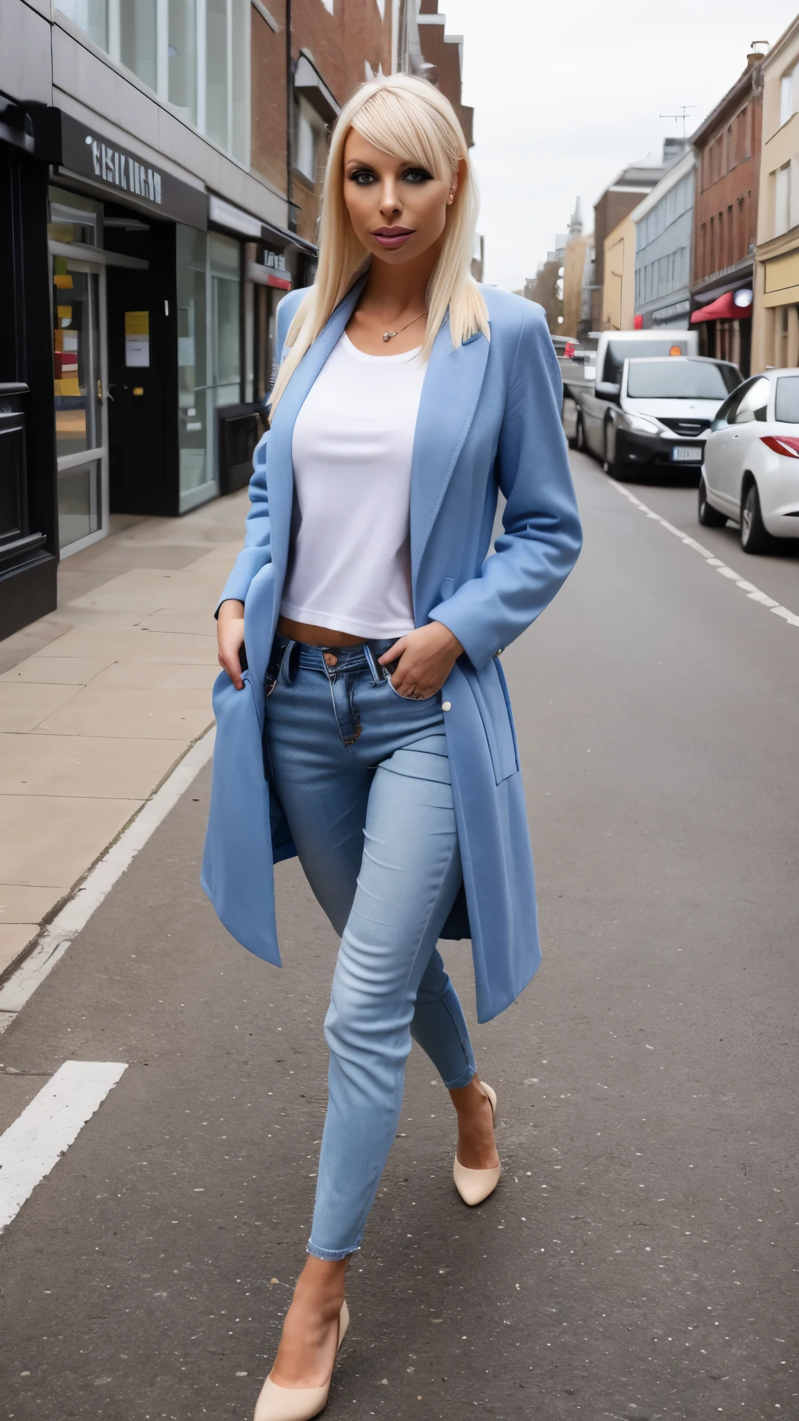 The image features a woman walking down a street while holding a handbag. She is wearing a white shirt and blue jeans, and she appears to be wearing a coat. The woman is walking past a building, and there is a car visible in the background. The scene captures a typical day in an urban setting, with the woman going about her daily activities.