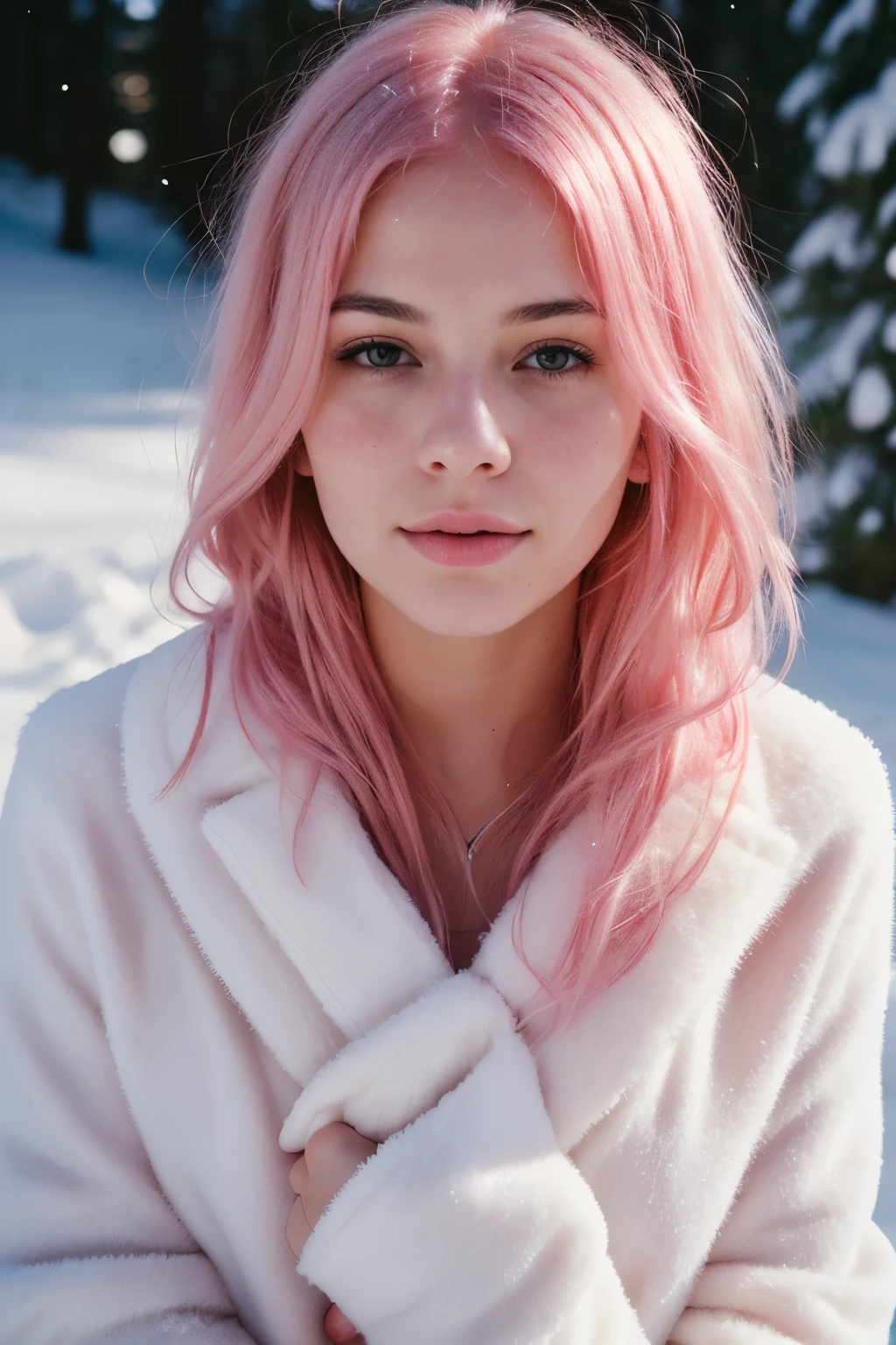 analog raw candid photo of a beautiful young woman, realistic skin texture, dirty pink hair, Slim, (Closed mouth:1.1), erotic, relaxed, haze lighting, winter, snow, 35 mm