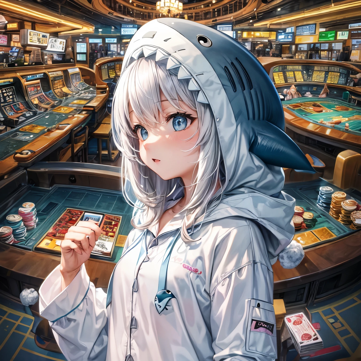Little, Nendoroid, ((worst quality, low quality)), ((close), profile,1.5 facing left), (10 year old girl), gray hair, (Fluffy shark costume pajamas:1.4), (open income:1.2), (Pale light blue pajamas:1.4), Animal Hoodie, (hood up:1.under the hoodie, oversized hoodie, five fingers, perfect hands, casino background, highest quality,Super detailed, masterpiece,