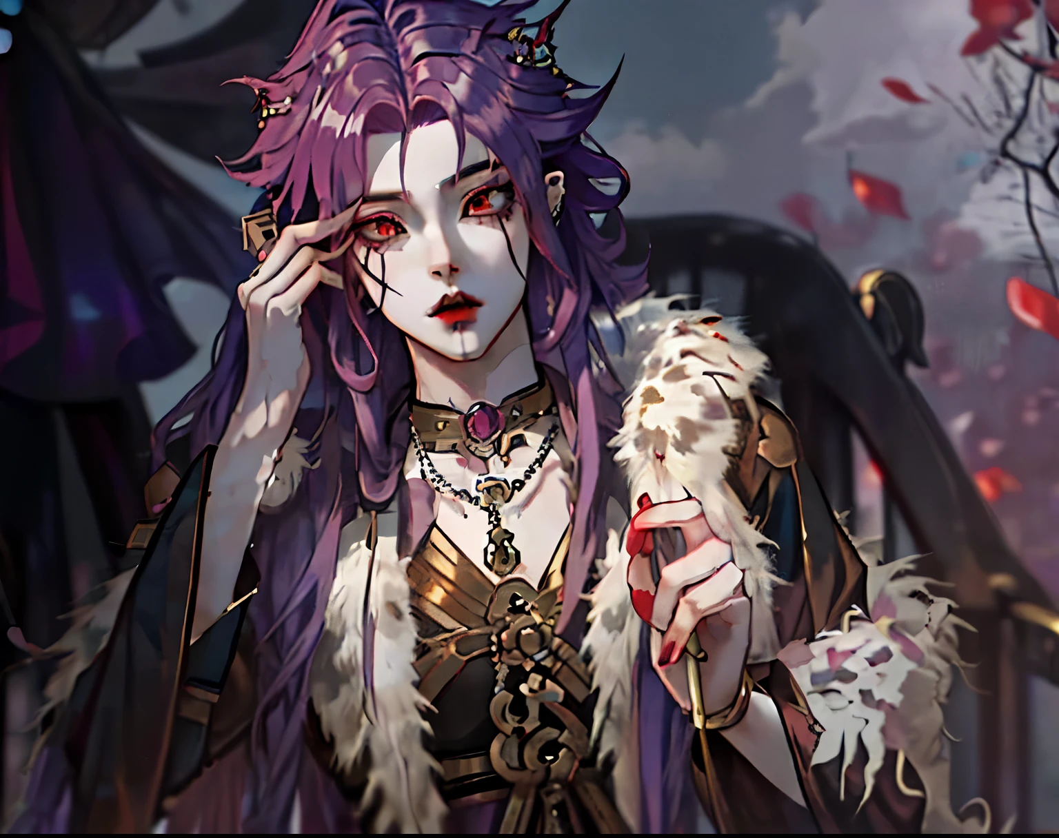 anime, woman with long hair and fur coat, Ian J., handsome guy in demon slayer art, anime handsome man, beautiful androgynous prince, anime tribal boy with long hair, male anime character, with long hair and piercing eyes, handsome male vampire, detailed anime character art, gentle androgynous prince, handsome anime pose, Choose