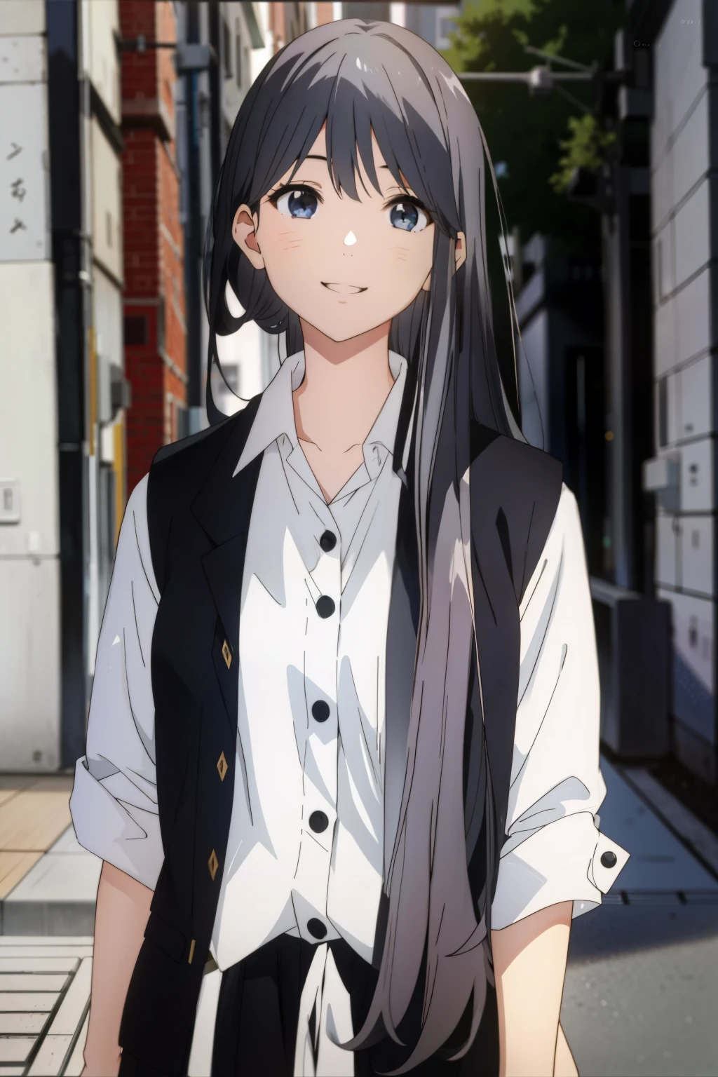 There is a high school girl with super long hair，Wearing a white shirt and black vest, Smile