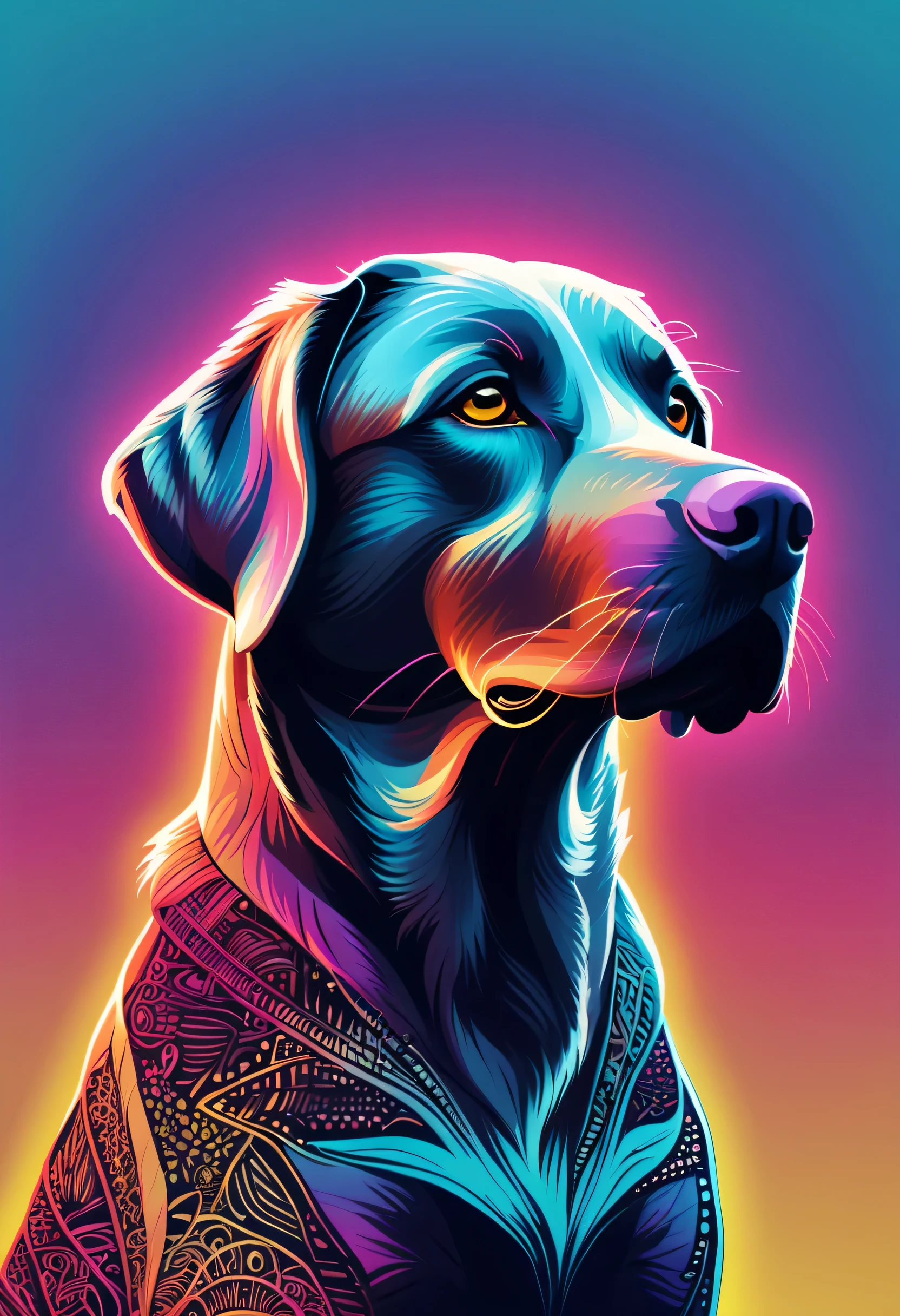 (melhor qualidade,high resolution:1.2),silhouette of a Labrador Retriever on a 80's disco,fundo colorido,Vaporwave Aesthetic style and Estilo Zentangle,Borrado,Estilo Zentangle,Preto,marrom, triture-o, make it excellent, a melhor silhueta emotiva de todos os tempos, brilha, musical explosions, notas musicais voadoras, magical, obrigado. por Tupu...lol...