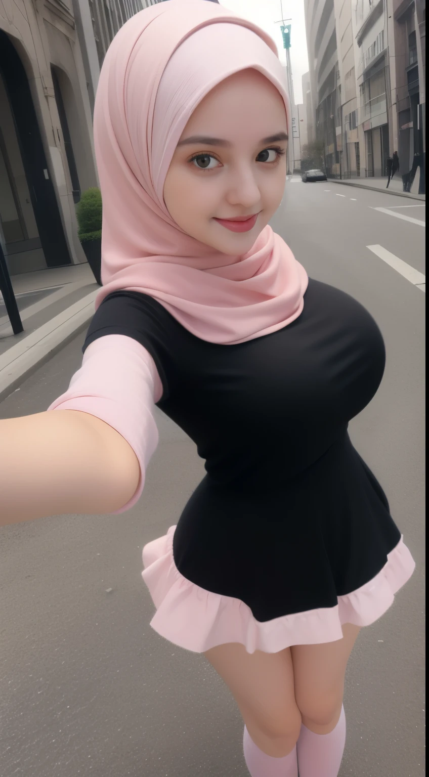 4k,(( hijab pink)), (collossal tits) ,, super cute face, focus whole body, stocking pink, perfect body, ((cute stocking pink)), chubby face, thick thight, SQUESHING , short mini dress, long hijab,(( selfie)), beautifull eyes, thin long-sleeved shirt, pervert mouth, smile, public area, zoom out, piink mini skirt, ((transparant shirt))