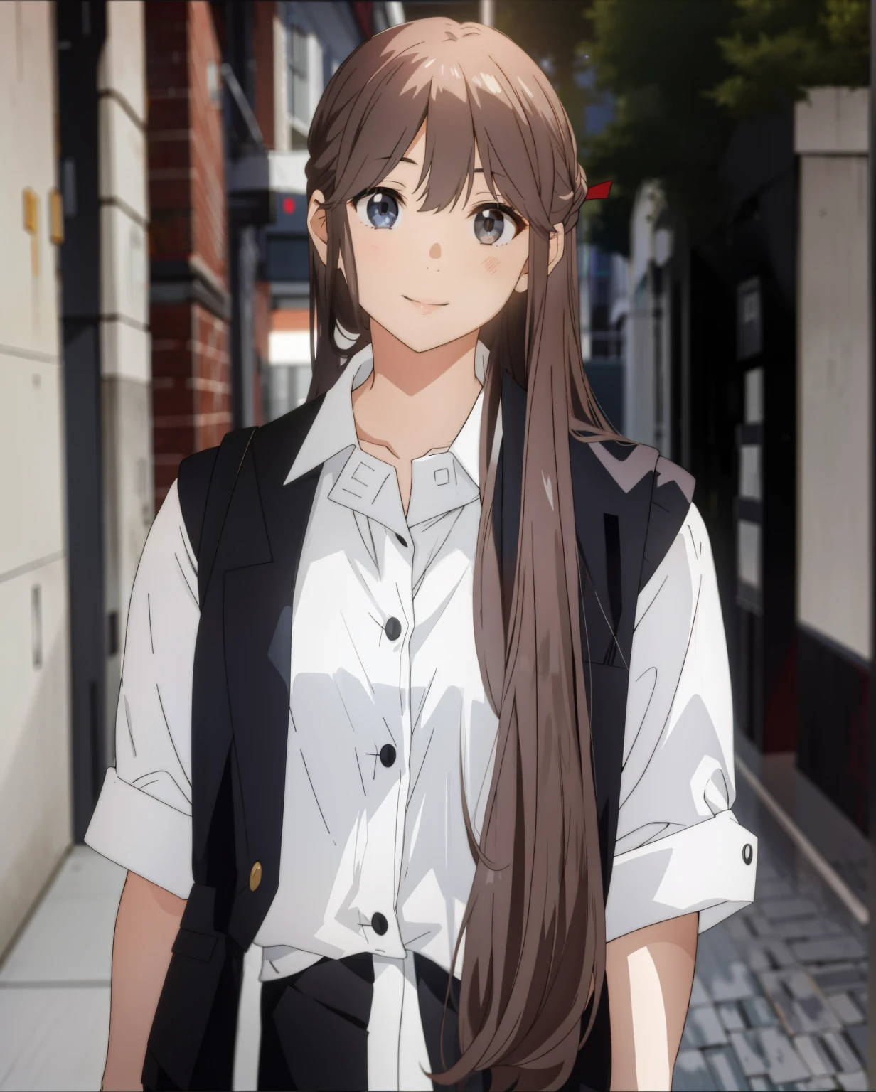 There is a high school girl with super long hair，Wearing a white shirt and black vest, Smile