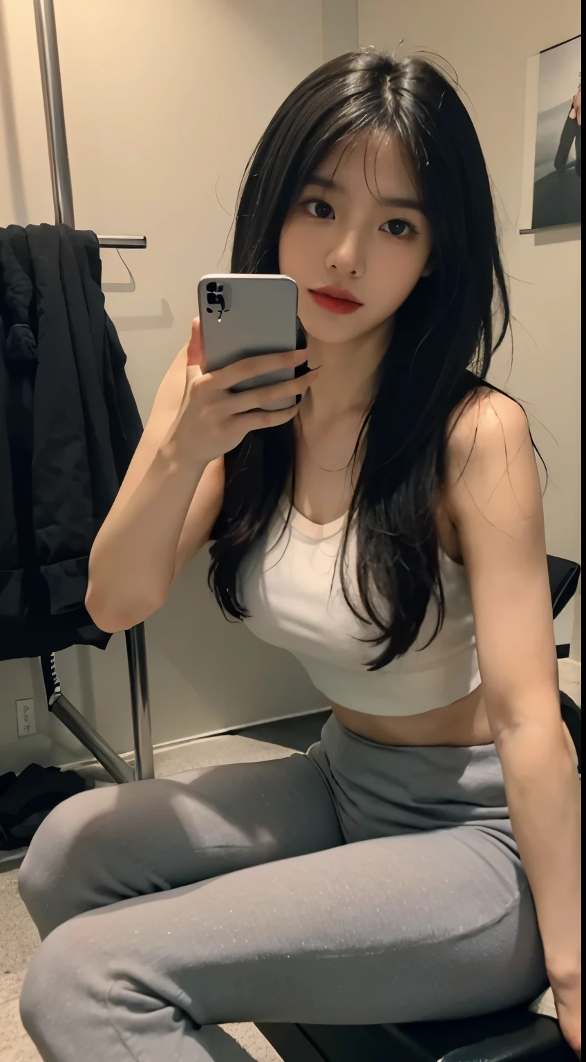 ((realistic lighting, highest quality, 8K, masterpiece, medium shot: 1.3)), clear focus: 1.2, 1 girl, perfect figure: 1.4, ((black hair)),((With bangs)),Wearing delicate white skinny yoga pants and a charcoal gray sports bra, in the gym changing room, sitting on a chair,white ankle-length socks,white sneakers,super fine face, fine eyes, double eyelid, legs slightly open,He has a black smartphone in his left hand.,Taking a selfie with his arm outstretched holding his smartphone,Your face is hidden by your smartphone,right hand is on the floor