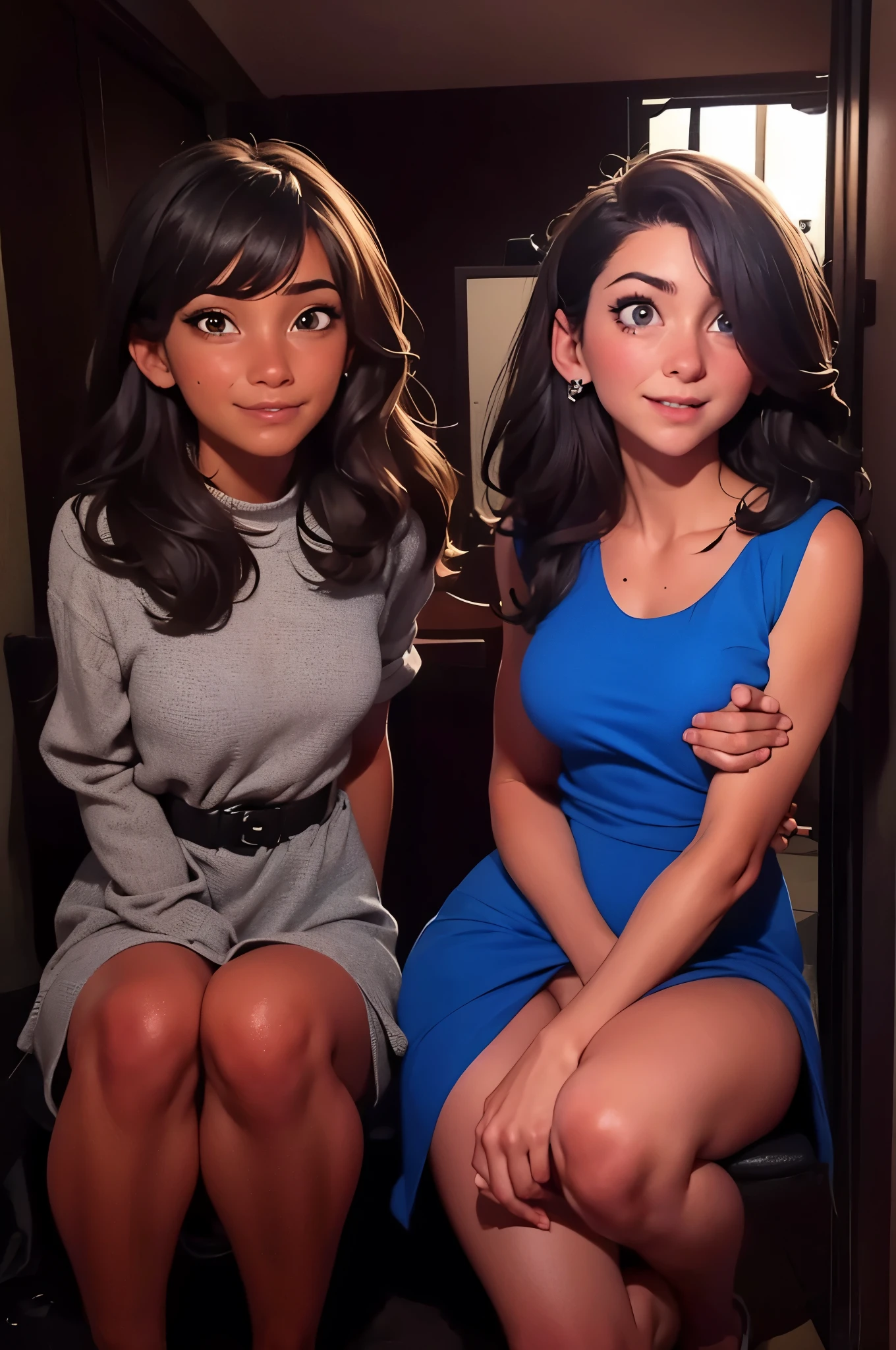 two 20yo girls, on their knees, looking up at viewer, from above, girl on left wearing grey dress, girl on right wearing blue dress, interrogation room, scared expression:1.2