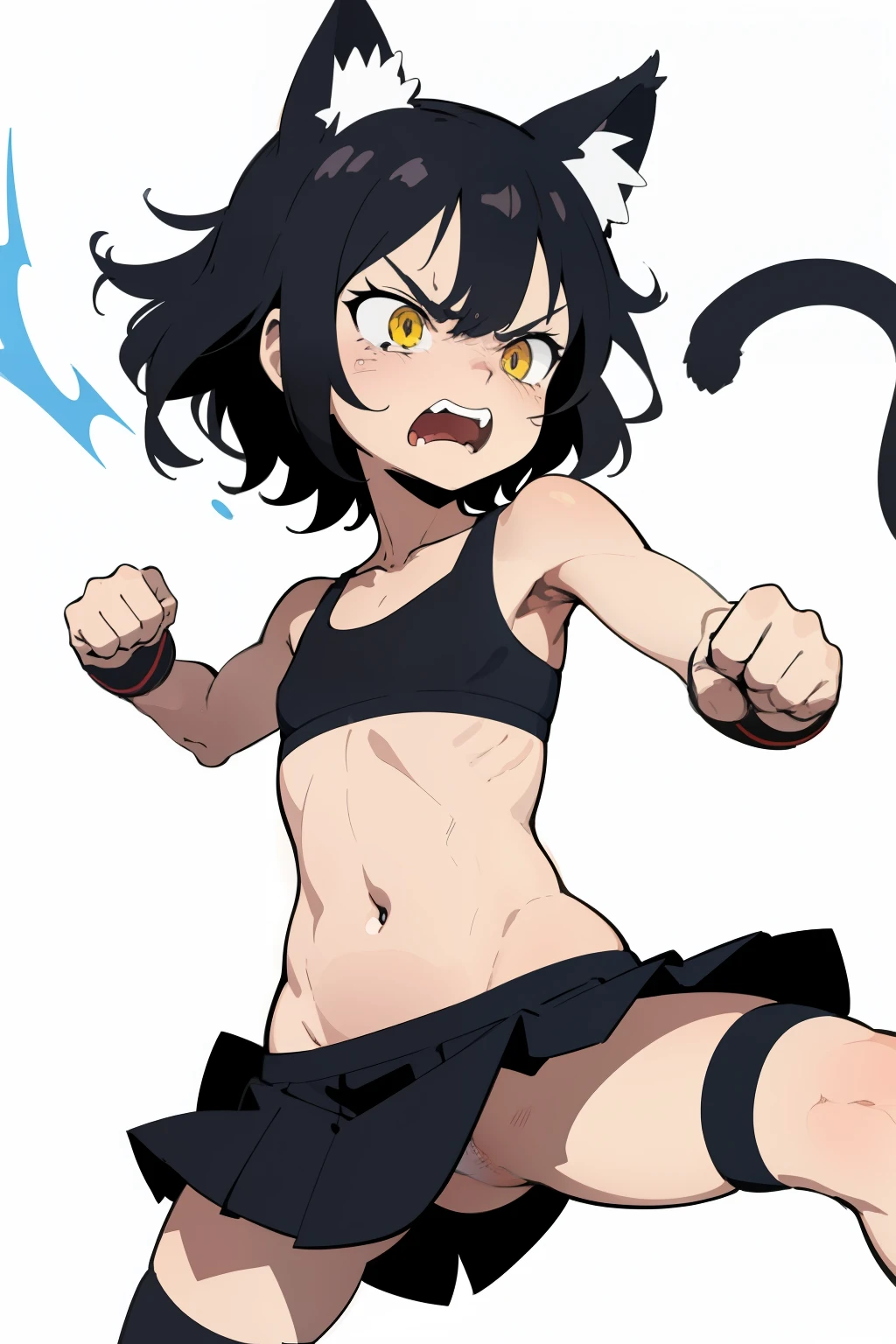 (superflat, flat shading, flat colors), girl, , 10yo, lolilat chest, slim, skinny, sports bra, fighting pose, angry, aggressive, emotional, dynamic pose, motion effect, (cat ears), white background, vibrant colors, bright,