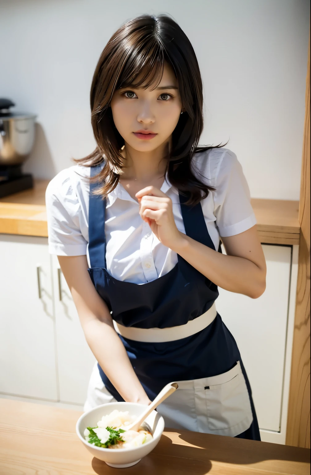 Japanese female model。20th generation。big breasts(E~F cup)。arafed woman in a white apron standing in front of a table with a bowl of food, hanbok apron, Wearing an apron, ( waitress ) girl, seifuku, white waist apron and undershirt, Wearing RR Diner Uniform, mid shot portrait, Misato Katsuragi, Japanese model, korean woman, Japanese, iwakura lain, white apron