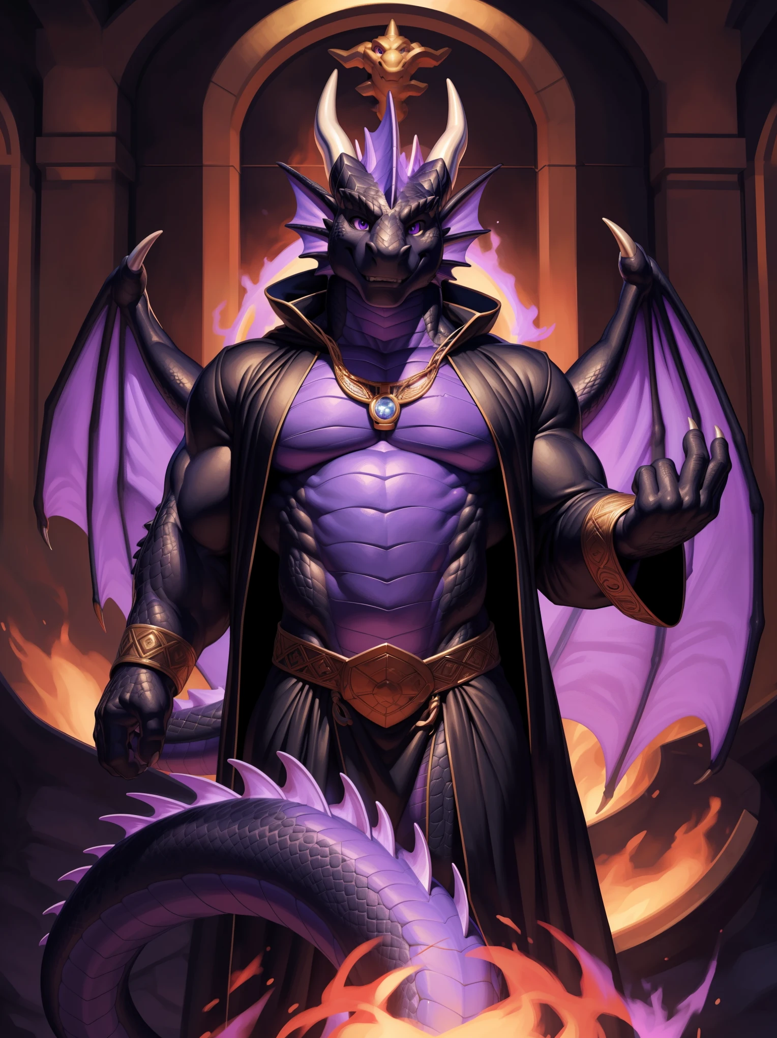 solo, anthro, furry, furry male, Dragon, ((spiny scales, scale, detailed scale)), (Black scales, Dragon print), black body, yellow abs, Purple chest, snout, Purple eyes, tail, dragon horns, transparent horns, purple glowing scales, purple glow detailed teeth, detailed face, detailed scales, detailed face, mono-colored body, scales, detailed eyes, decorative cloak, black cloak, black robes, muscular frame, full body, (fantasy dark throne room), (by null-ghost, by meesh, masterpiece, high quality, hi-res,8k), standing,close-view portrait, looking at viewer, indoor, happy expression, menacing, sinister, pose, smile, brazier, purple flames