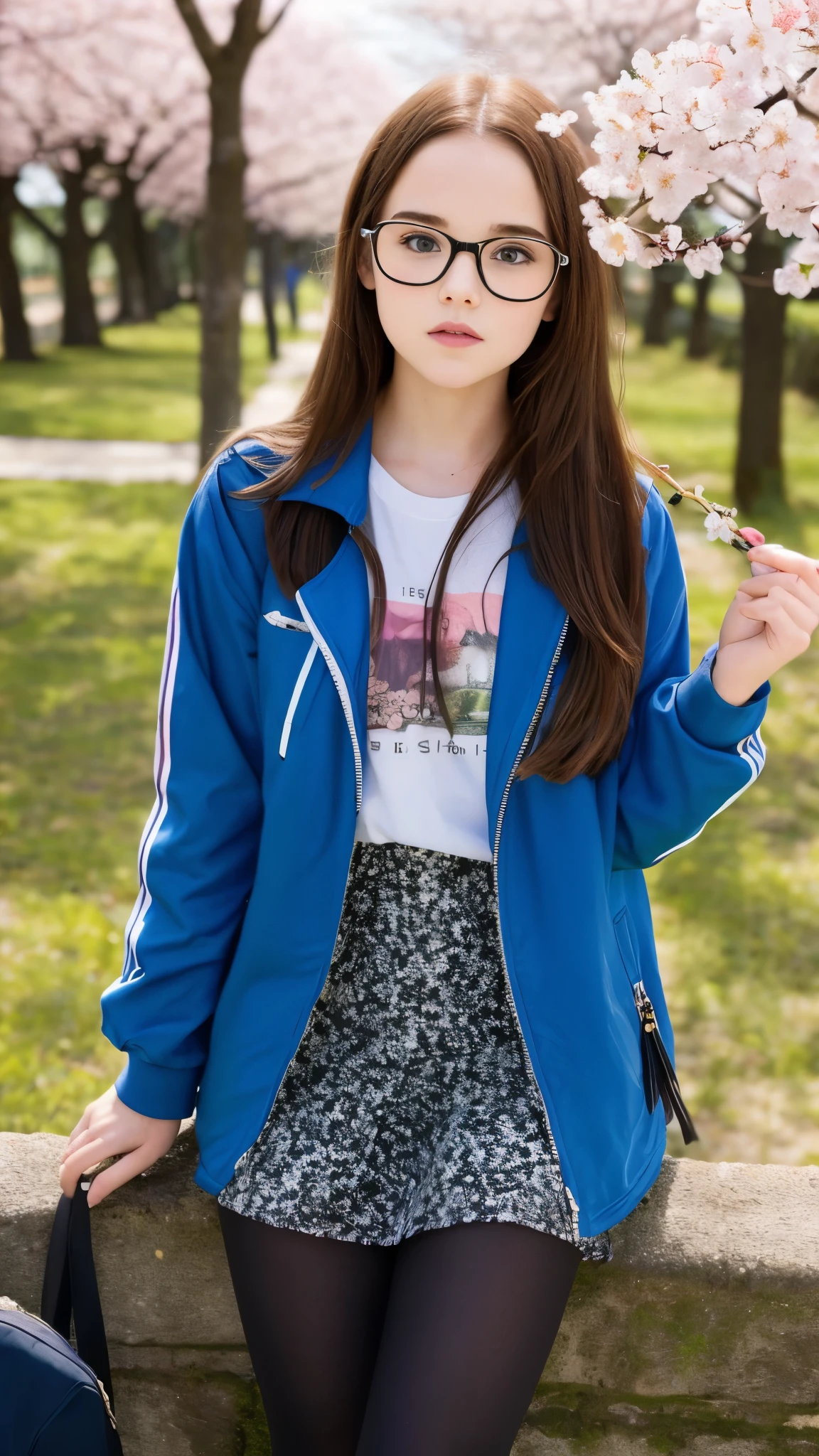  Zoey Deutch, (long hair: 1.3), glasses, wild makeup, t-shirt, jacket, tights, classroom, school, mid-thigh photo, cherry blossom trees