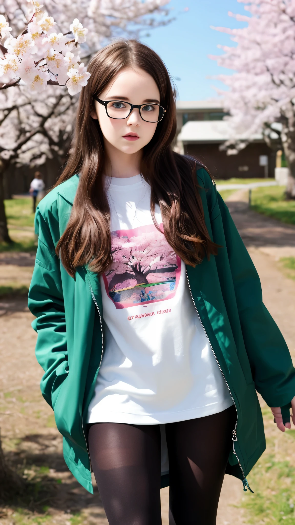 13 year old Zoey Deutch, (long hair: 1.3), glasses, wild makeup, t-shirt, jacket, tights, classroom, school, mid-thigh photo, cherry blossom trees