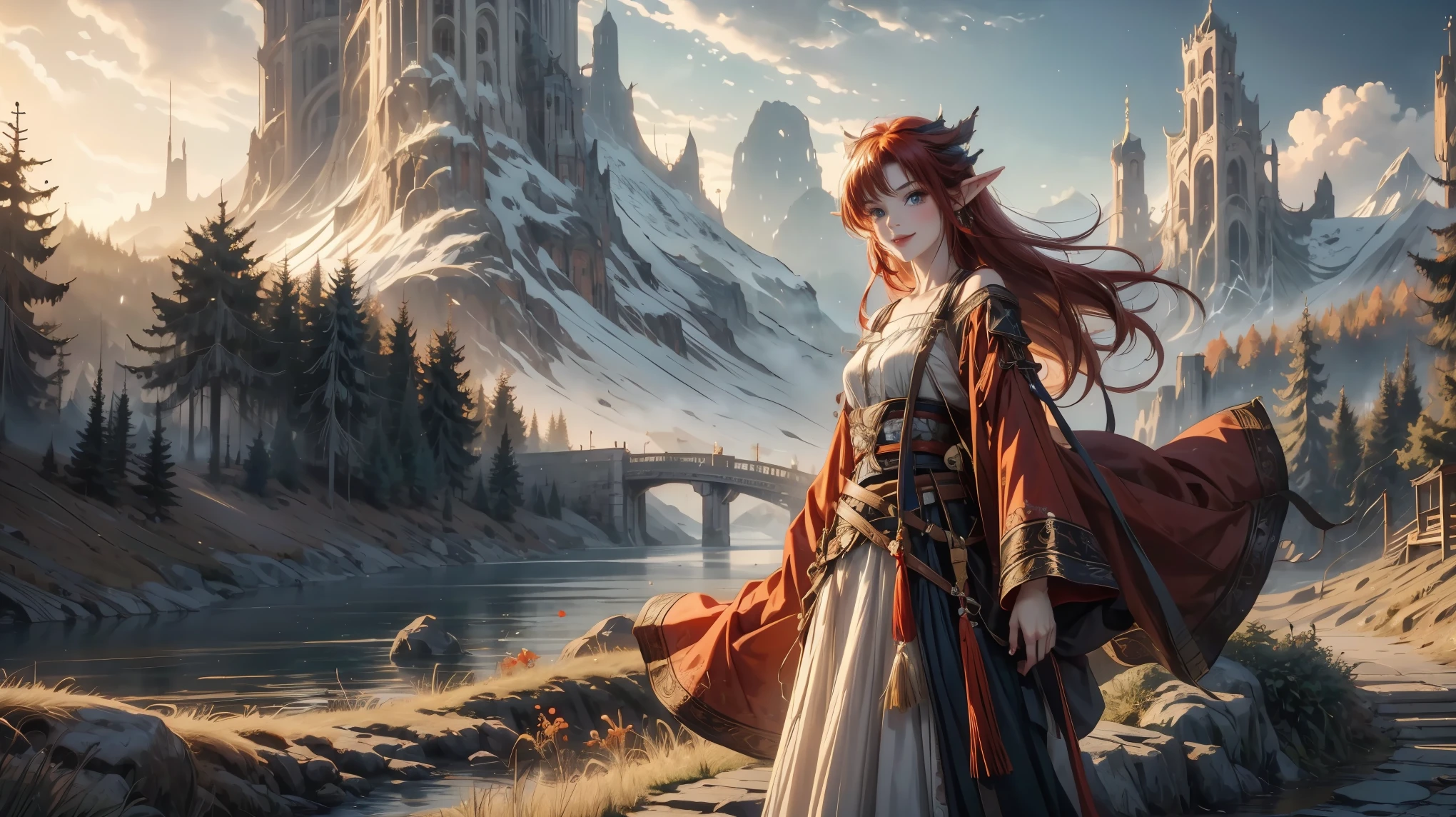 cowboy shot,elf ears, elf girl small waist, red hair , smiling, vintage clothing,fang teeth, background forest, mountain, river, mountains, trees, autumn , leaves scattered around , windy , blue flowers,sky clouds , sunrise, vivid colors, vibrant colors
