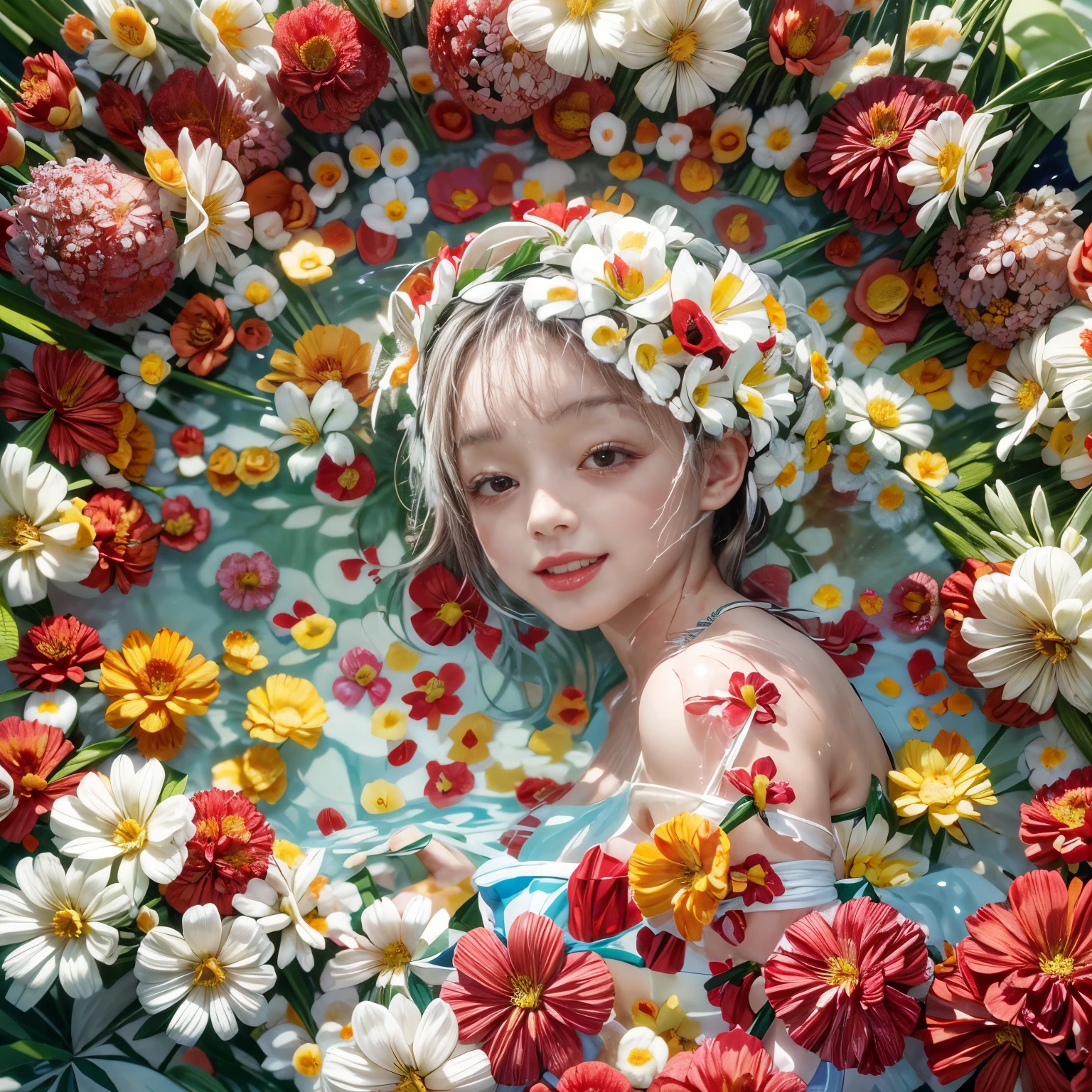 (Full of colorful flowers, White and Red, ((Overhead shot, Top view))), (Acutance:0.85), ((NSFW:-0.95)), (Exposed:1.1), (((nipple:-0.99))) . ((6 girls laying in a pool filled with flower:1.25)), { (Full of flowers covering and surrounding girl's body:1.2) | (Flower Bikini made only from flowers:1.3) }, (((Extremely Detailed KAWAII face variations)) with joyful expressions), { (pretty Ass) | Overflowing sideboob | Overflowing underboob | Hidden hands | Bloody crotch } . Masterpiece of 8K Finest Quality, (Physically-based 3D Rendering with Ultra-detailed:1.2), (((Realistic and Photorealistic with touch of rawness:1.37))) . { wet oiled ivory skin with tanline | Sparkling splash with Rainbow | Mystic sight | God rays | Haze }. (Absolutely filled with flowers), Overflowing flowers, all of water surface is  absolutely filled with flowers, Full of flowers .