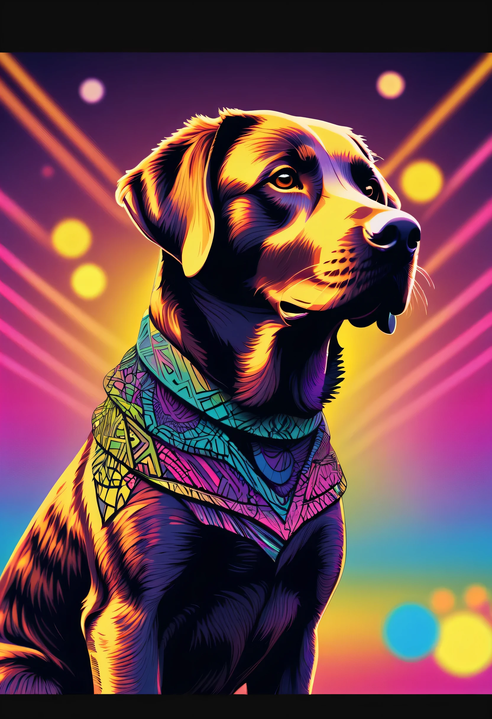a dog with glasses and a chain around its neck, radiant nebula colors, vfx movie, marvel art, highly photographic render, pitbull, illustration iridescent, heavy metal artwork, his head covered in jewels, similar to the bifrost, conceptart. com, avatar image, genie, love death and robots