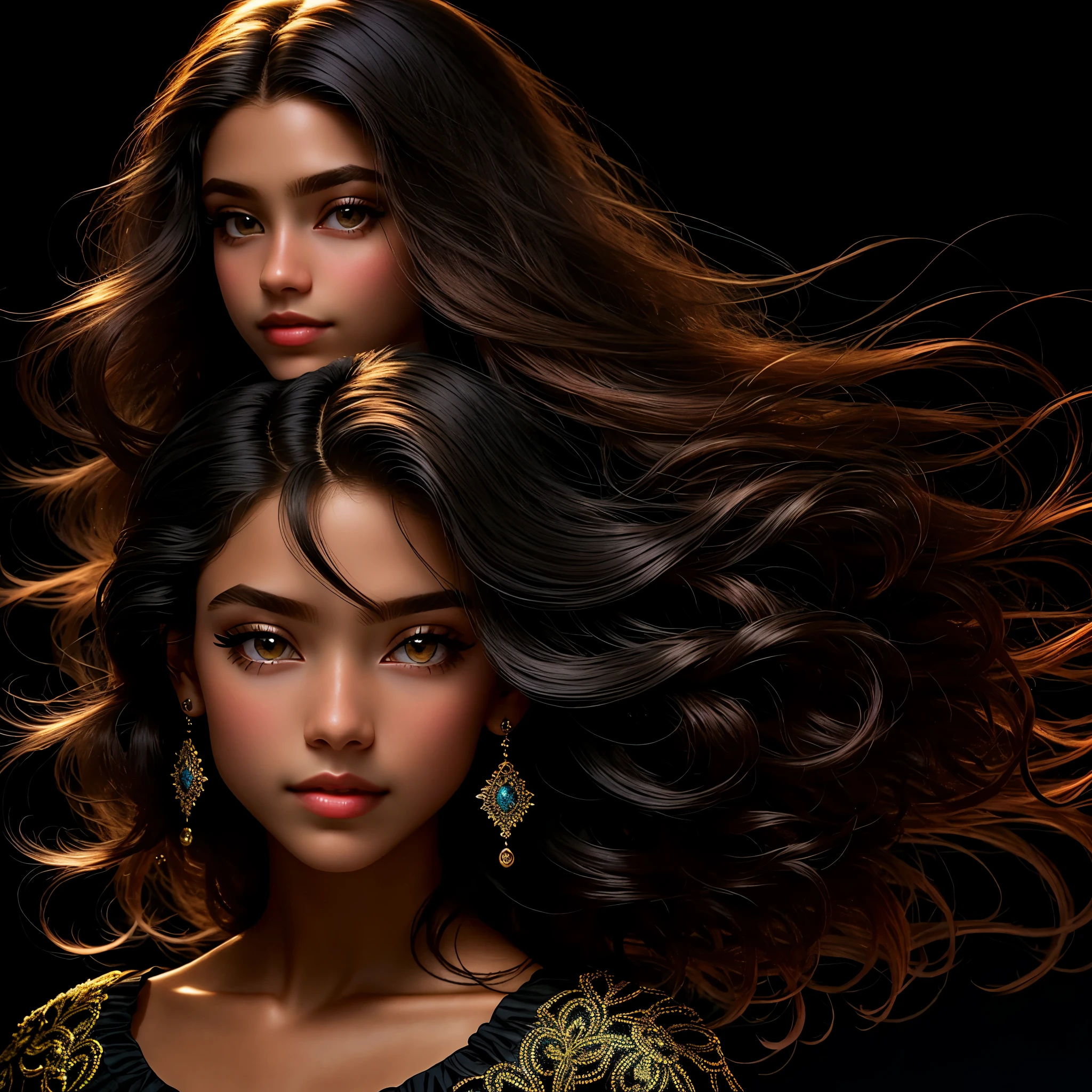 obra-prima, melhor qualidade, beautiful lighting, ultra detalhado, hyperresolution masterpiece, melhor qualidade, 1girl, cabelo preto, mid hair, franja varrida, vestido, vestido preto, cachecol, joias, ornamento de cabelo,