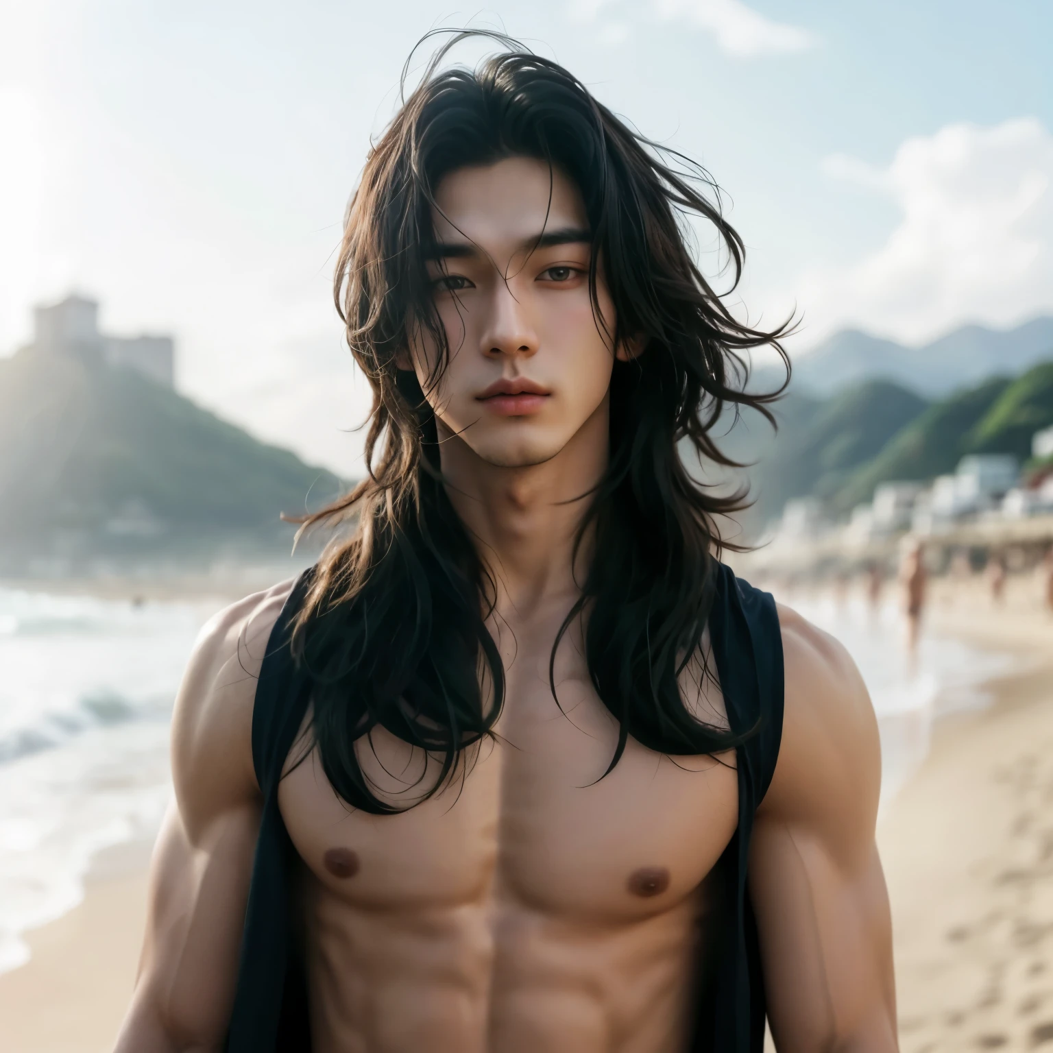 asian male model with long black hair on a beach, south korean male, lean man with light skin, asian male, handsome japanese boy, asian features, masculine features, young with long hair, handsome male, shirtless, mid long hair, beautiful Jeon Jungkook, beautiful male face, Jeon Jungkook, handsome chad chin, attractive male, asian man inspired by Jeon Jungkook