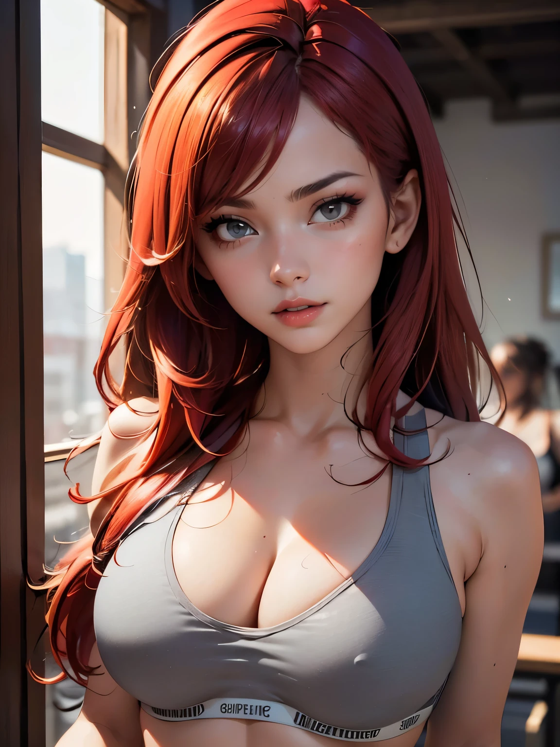 (best quality, masterpiece, colorful, dynamic angle, highest detailed) upper body photo, cute girl, most beautiful, intense long red hair, ((wearing grey sports bra)), (ultrahigh resolution textures), cleavage, large breasts, in dynamic pose, bokeh, (intricate details, hyperdetailed:1.15), detailed, (extreme detailed, highest detailed), HDR+