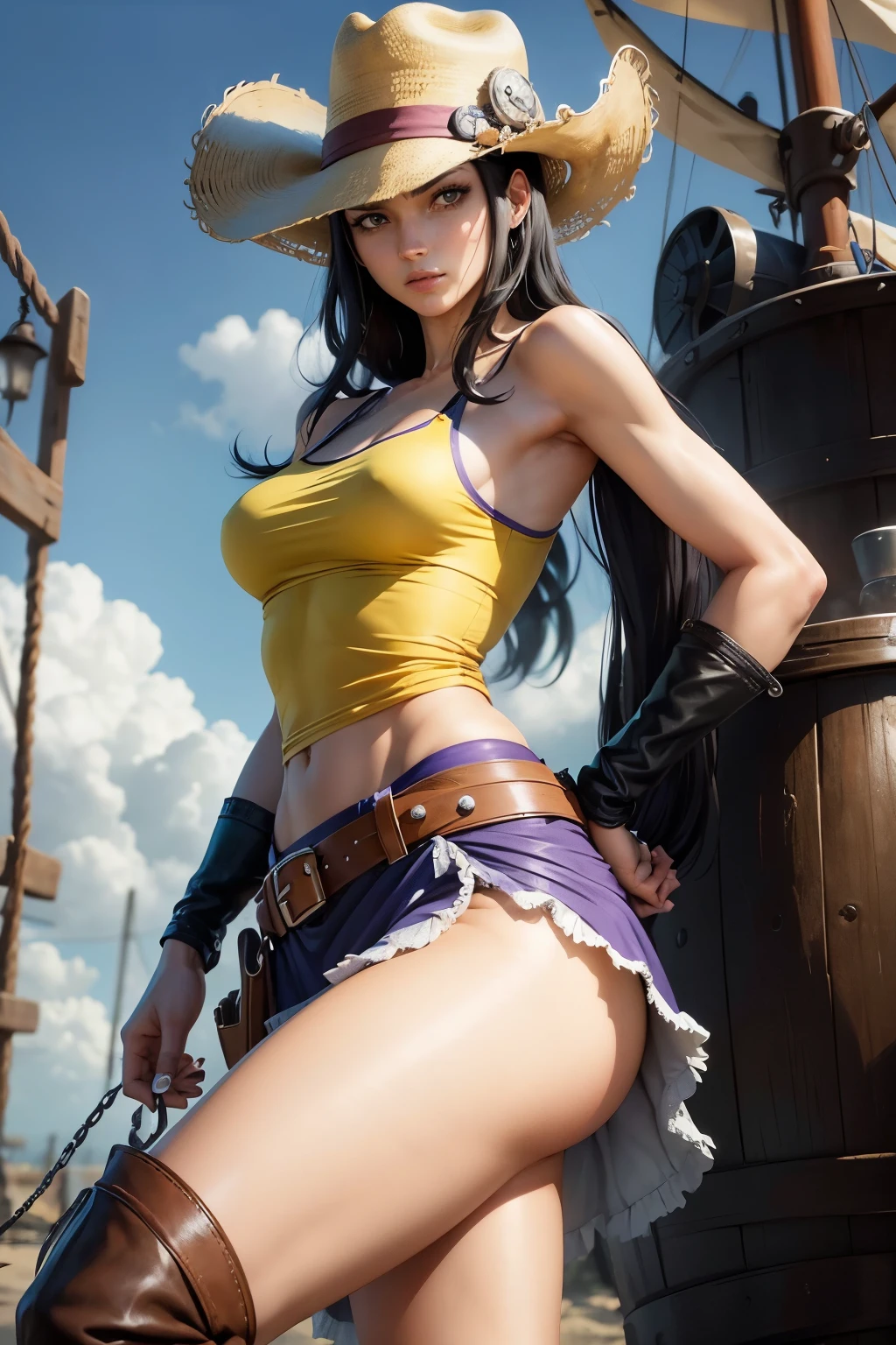 Photorealistic depiction of Niko Robin (from One Piece), a tall and slim but athletic woman with shoulder-length black hair. Her eyes are a striking blue, and she has a long and straight nose, slim and defined. Her legs are exceptionally long, complementing her narrow waist. She is dressed in a white cowboy hat, paired with a yellow tank top and a purple skirt that reaches her calves. Completing her outfit are cowboy boots and a simple belt. The background showcases a pirate ship, adding to the adventurous atmosphere.