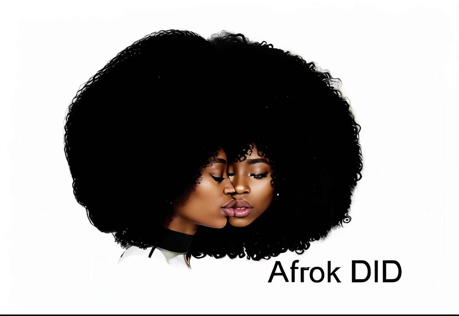 2 african females with afro hair, one facing forward and one turned to the side. both with eyes and smiling mouth closed