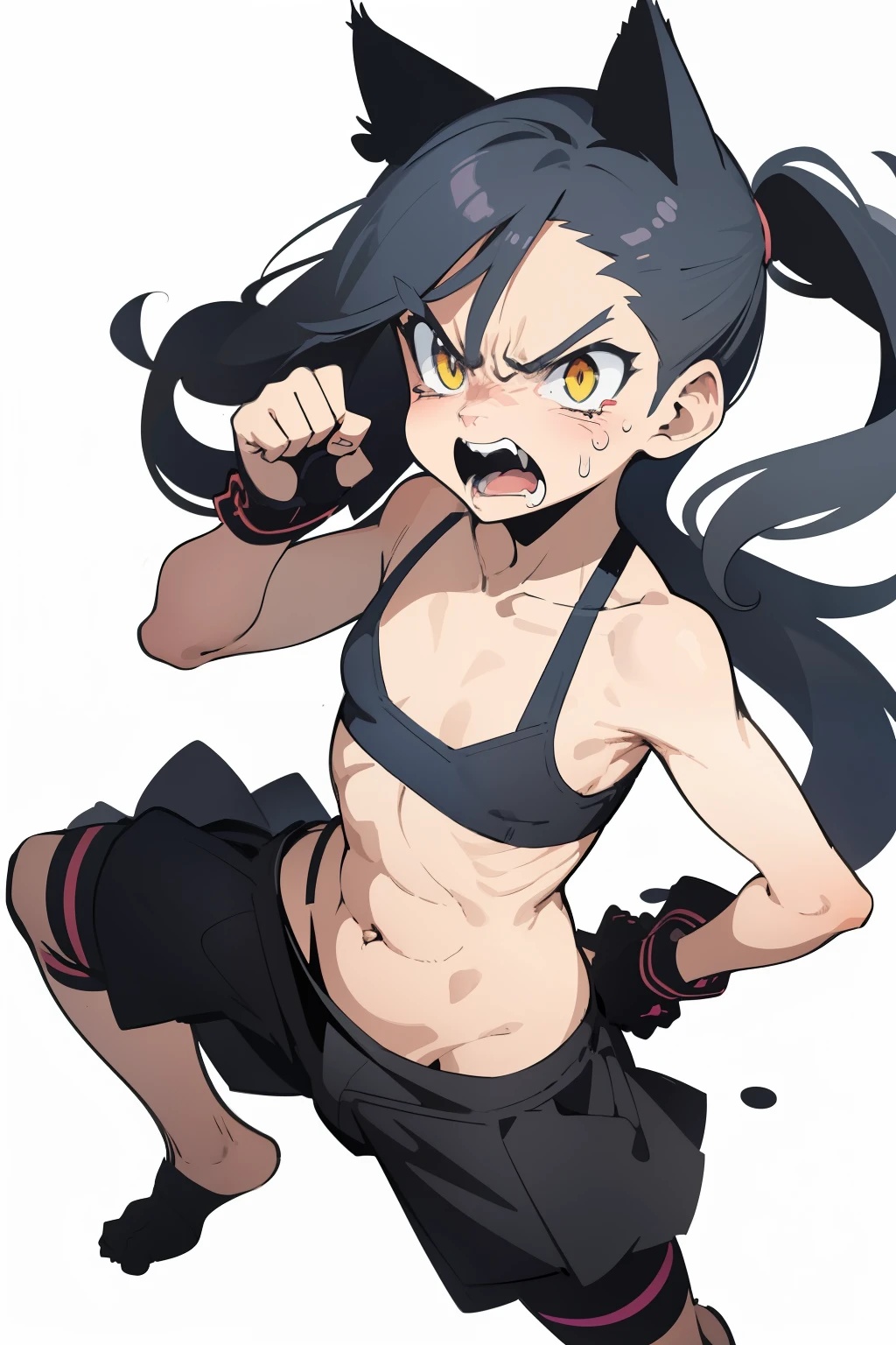 (superflat, flat shading, flat colors), girl, little kid, 10yo, lolis, small breast, slim, skinny, sports bra, panties, fighting pose, angry, aggressive, emotional, dynamic pose, motion effect, (cat ears), white background, vibrant colors, bright,