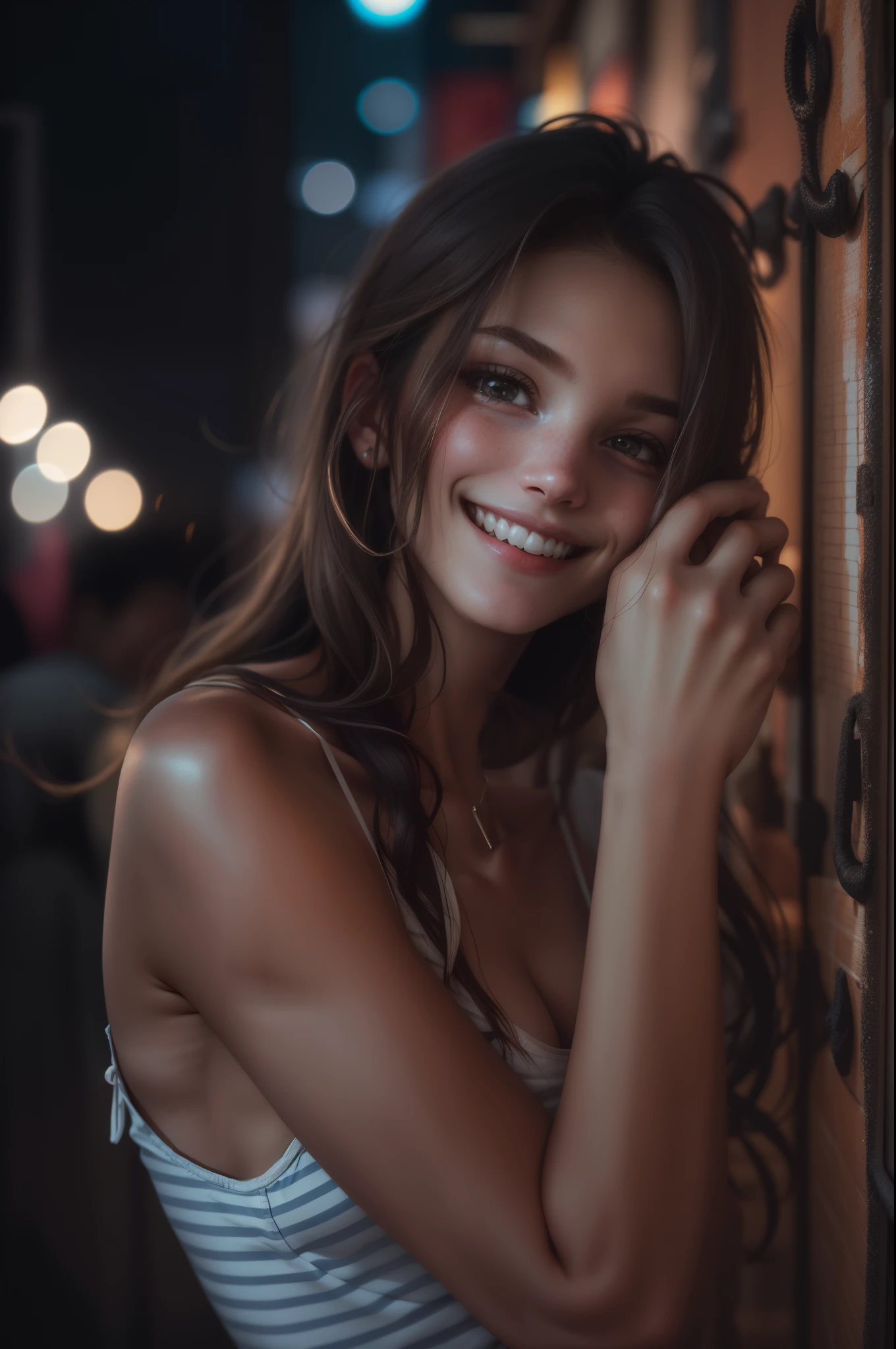 1girl, idol, model, depth of field, photo, film, face, skinny, smile, collarbone,  teeth, movie, camisole, selfie, night,