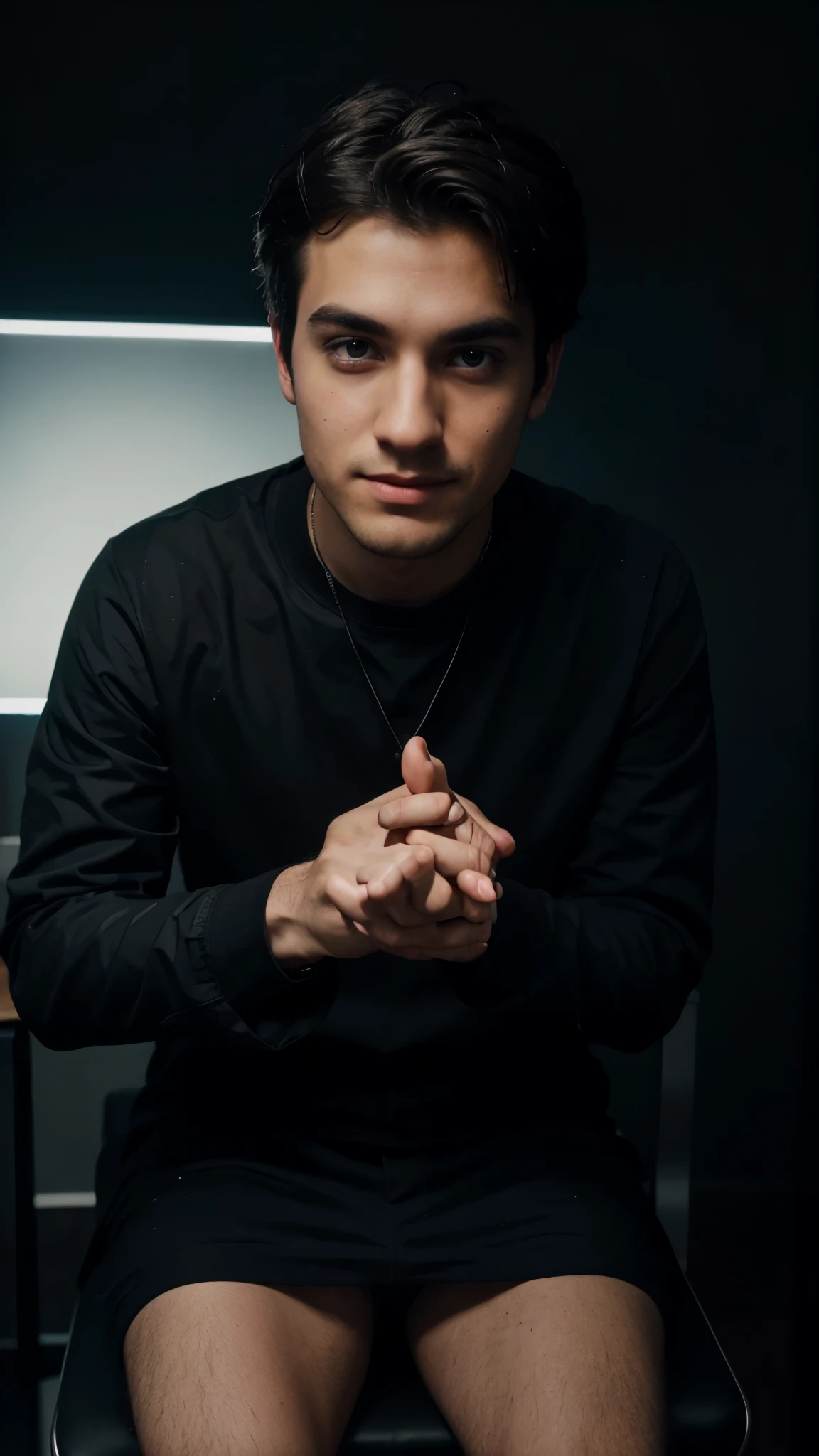 YouTuber, dressed in black, sitting on a black chair and placing his hands on the table, with lights behind him and the camera facing from the front. Unity 8k